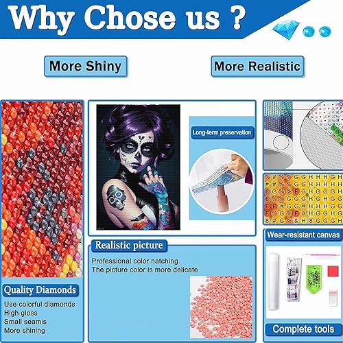 Miniatura 5 de Noche Kit de pintura de diamantes de calavera colorida para niña, pintura de diamante de punto de cruz 5D redondo para principiantes, producción de