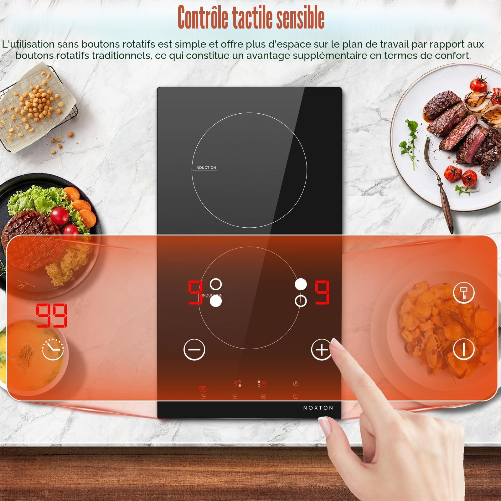 NOXTON Plaque Induction 2 Feux 30 cm 3500W avec Prise VDE, Commande Tactile, Minuterie 220-240V
