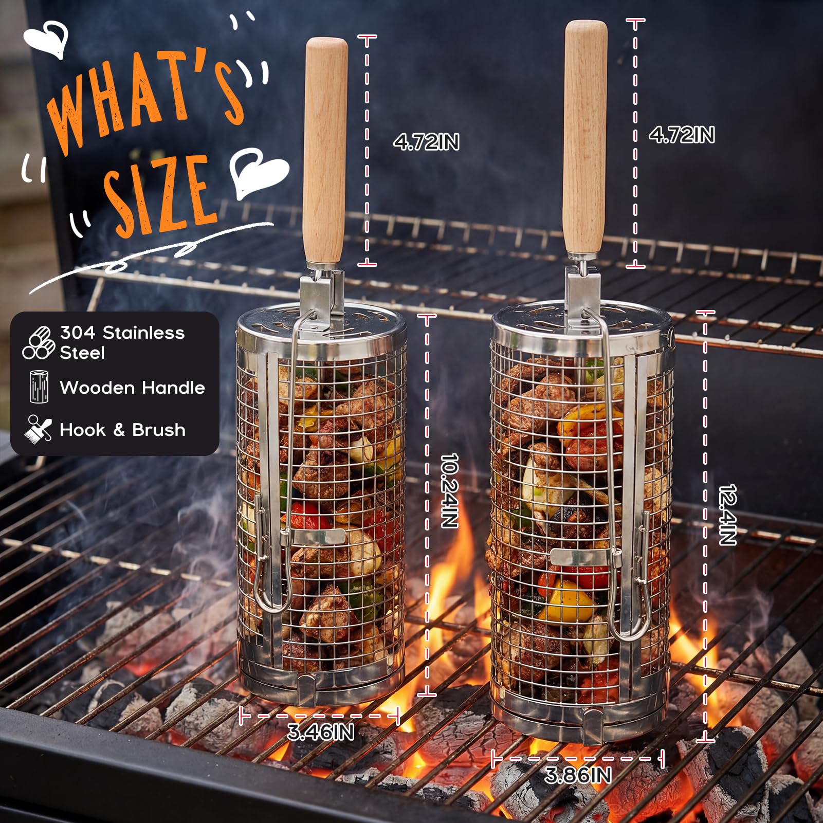 Panier à Barbecue Roulant,2 Paniers à Barbecue Emboîtables Poignée en Bois Détachable Double Accès Acier Inoxydable 304 avec Brosse à Huile Accessoire Cuisson Extérieur Camping Cadeau pour Homme Papa