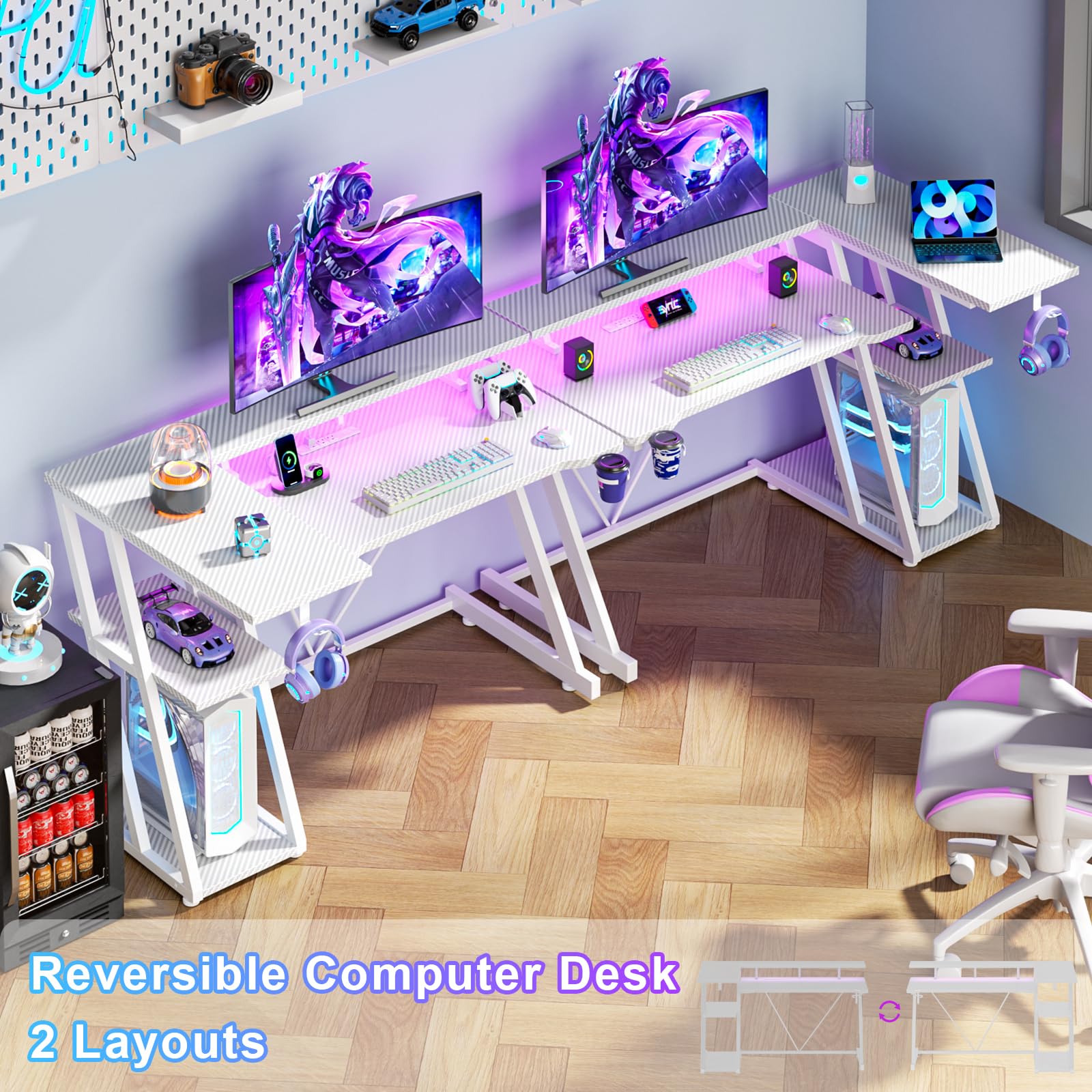 Escritorio para juegos de 39 pulgadas con toma de corriente y luces LED, mesa de juegos para computadora en forma de L con estantes de almacenamiento de 3 niveles, escritorio de esquina para jugadores