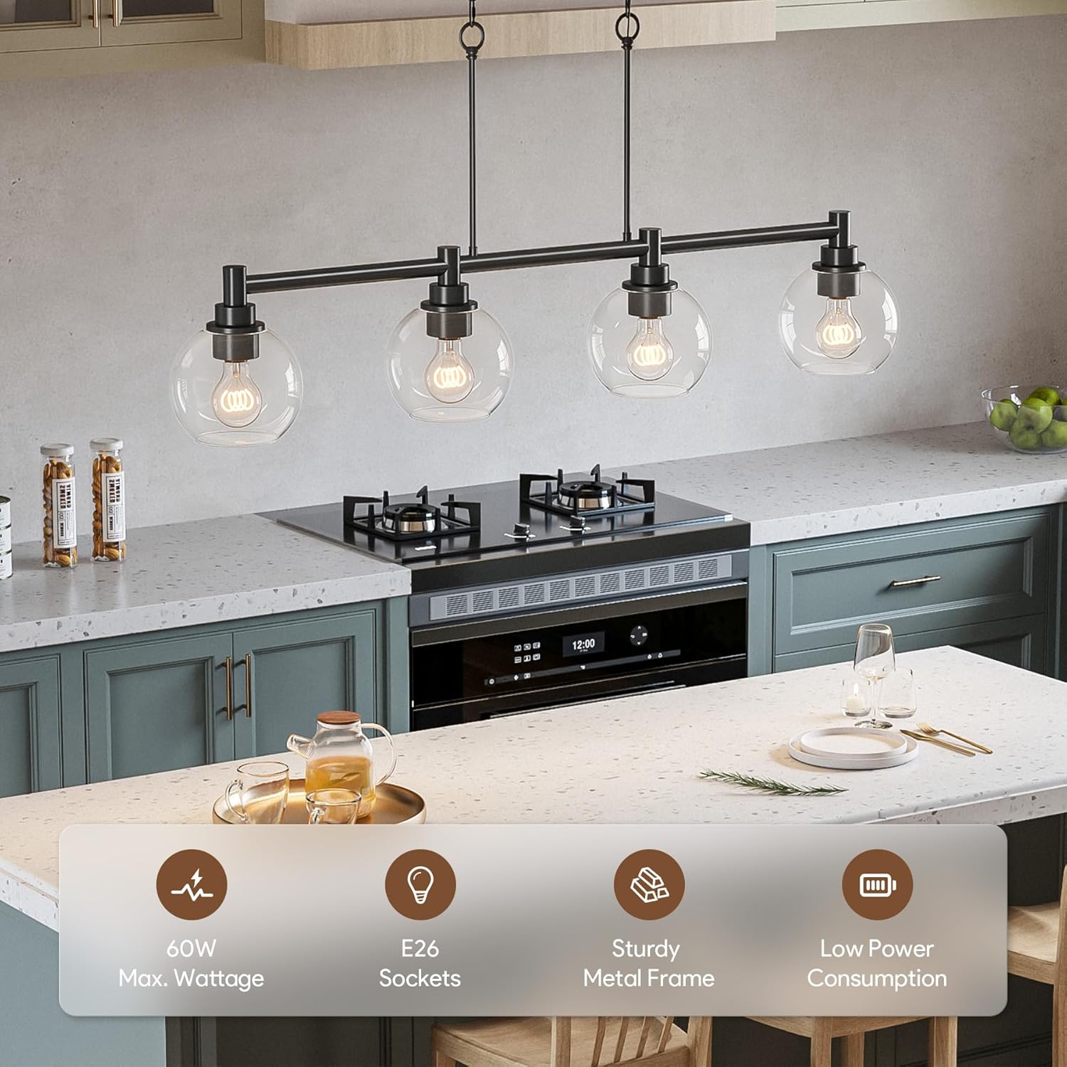 VONLUCE Dining Room Light Fixture Over Table, 4-Light Kitchen Island Lighting with Round Glass Shades & Adjustable Hanging Heights, Linear Chandlier for Dining Room Kitchen, Black, ETL Certificated