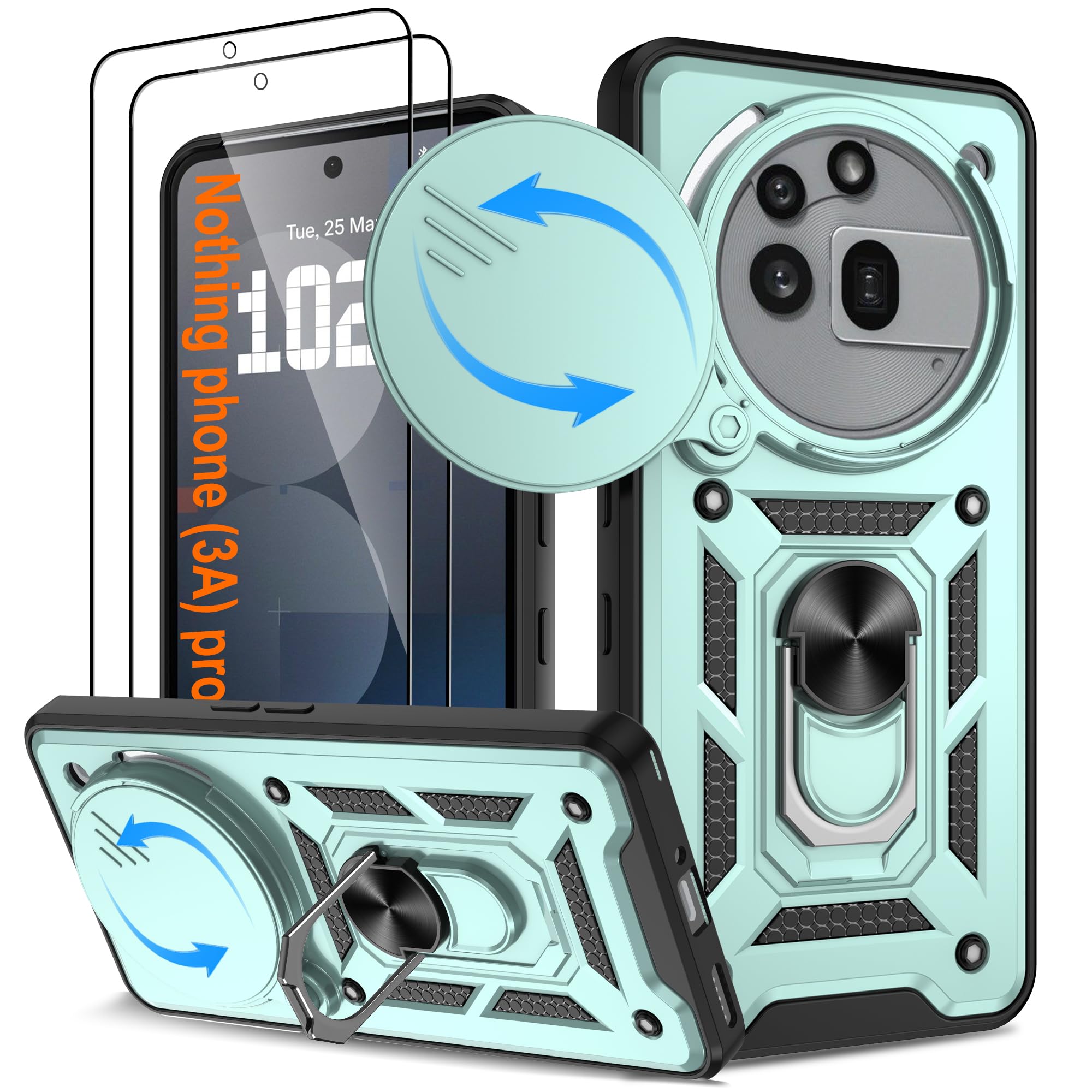 ATUMP for Nothing Phone (3a) Pro Case with Camera Lens Cover + [2Pcs] HD Screen Protector, [Military-Grade Shockproof] Metal Kickstand Protective