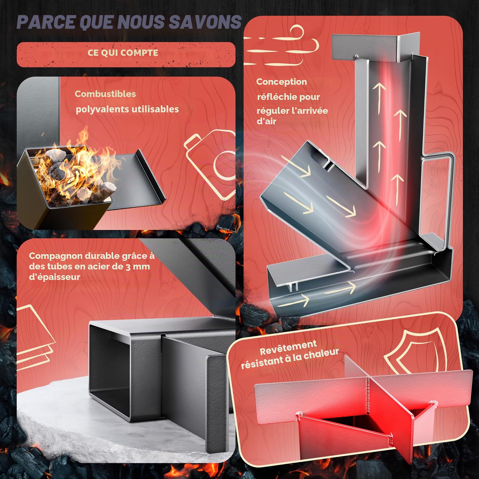 Four à fusée d'extérieur pour four néerlandais, barbecue, terrasse, etc. Pas de montage. Stable et compact. Rocket Stove comme four de camping pour cuisiner sans gaz ni électricité. Four à canon