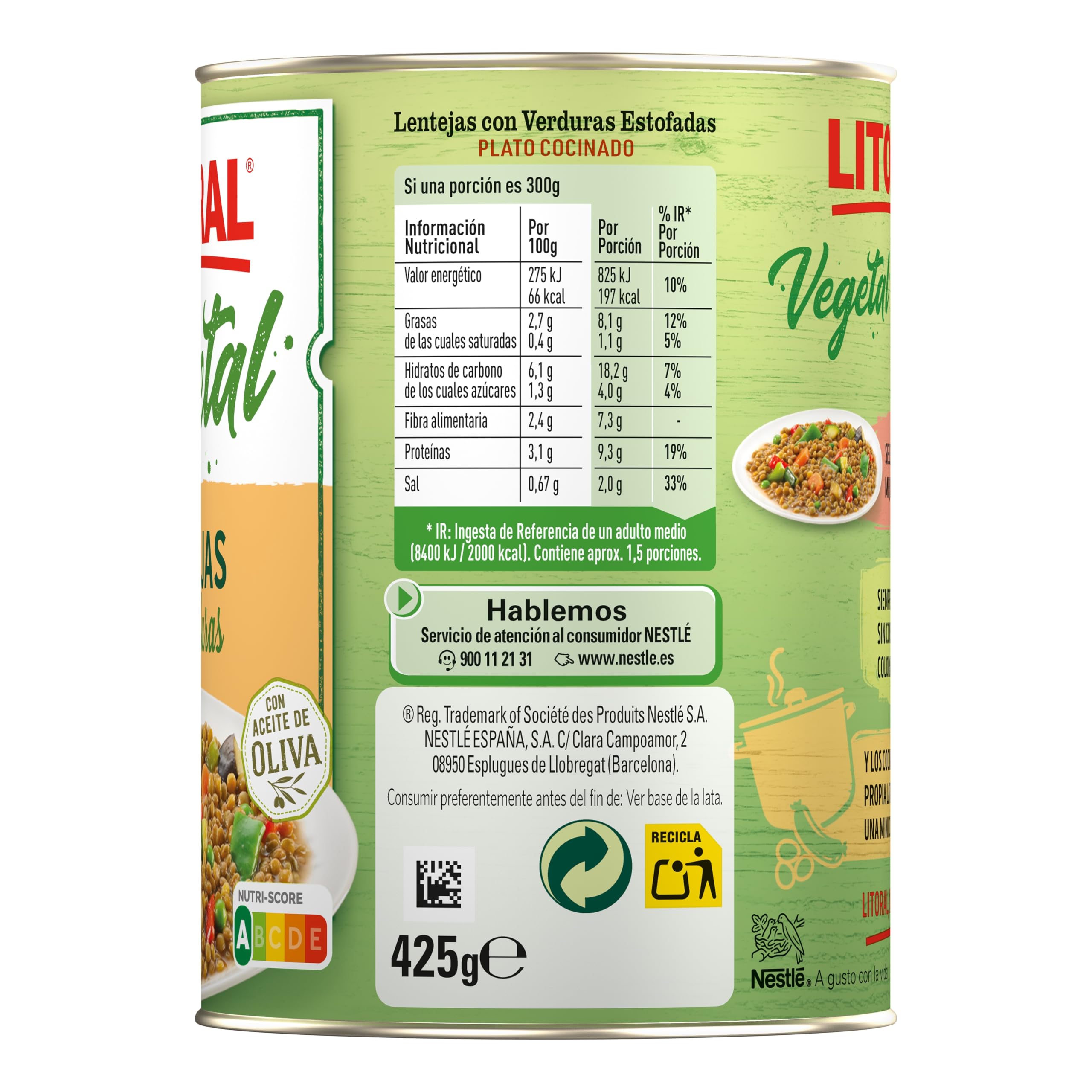 LITORAL Vegetal Lentejas con Verduras - Plato Preparado Sin Gluten - Paquete de 10x425g - Total: 4.250kg
