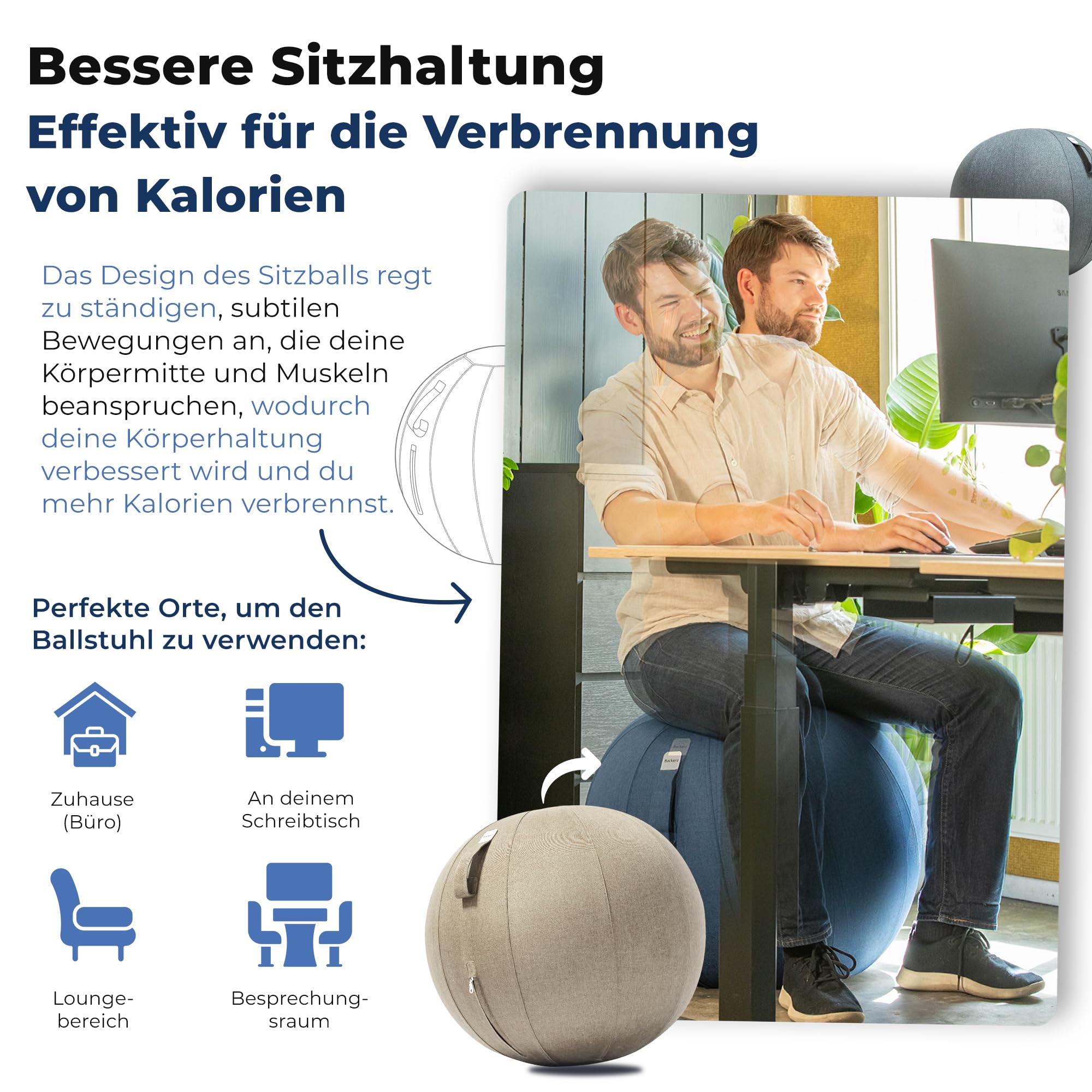 Backerz Sitzball - Ergonomische Sitzmöbel für Büro und Heimbüro - Langlebiger Stoff, Gymnastikball - Fitness-Ball, Ballstuhl mit Ballauflage - Waschbarer Leinenbezug