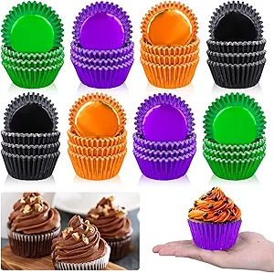Whaline 200Pcs Halloween Foil Cupcake Liners Black Purple Orange Green Baking Cups Foil Metallic Cupcake Wrappers Muffin Liners for Holiday Party Supplies