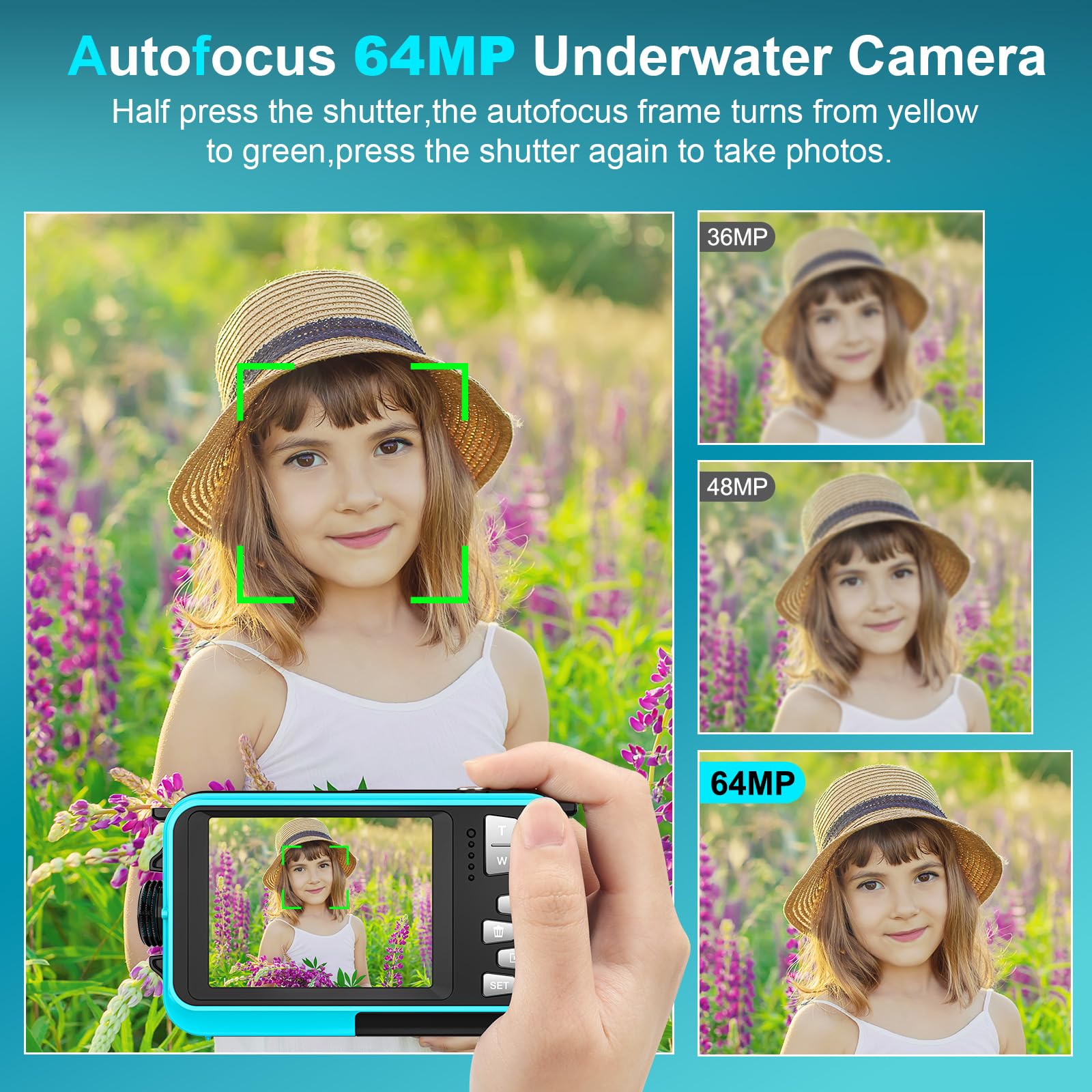 Digitalkamera, Yixinxin 4K Unterwasserkamera, 64MP Autofokus 16FT Digitalkamera wasserdichte mit 32GB Karte, Dual-Screen Selfie 1250mAh Batterie, 16X schwimmfähig Digital für Schnorcheln