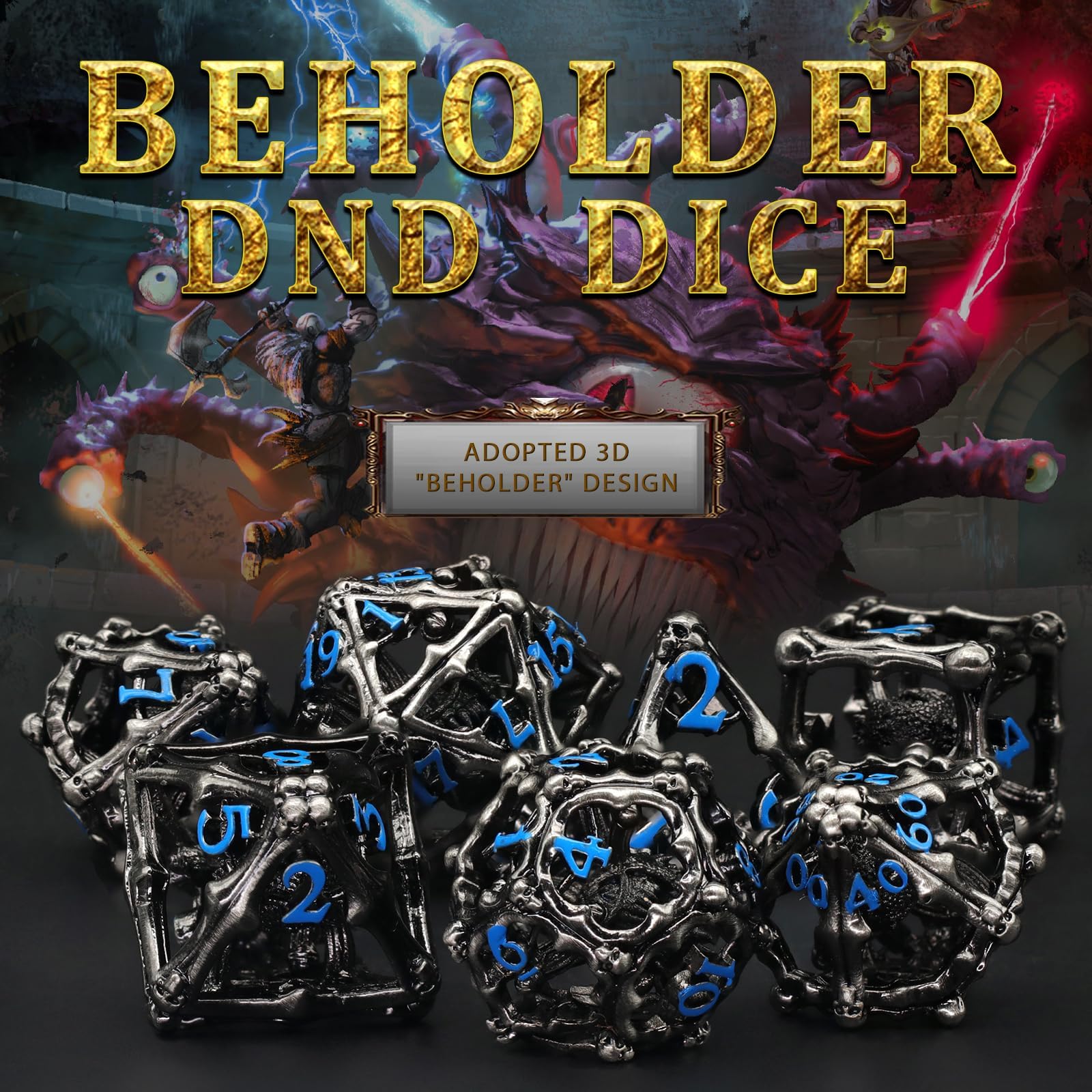 Beholder - Juego de dados DND, dados de metal de monstruo de ojos, ZHOORQI 7 piezas por juego de dados poliédricos para dados de mazmorras y dragones, dados RPG, dados de regalo D&D (ojo azul) — view 3