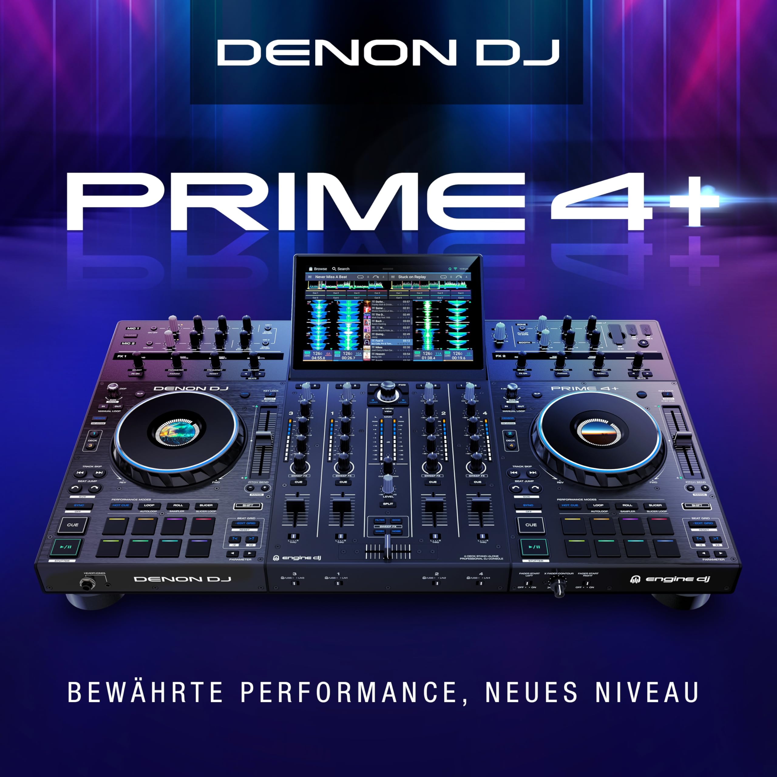 Denon DJ PRIME 4+ Standalone DJ-Controller mit Stem-Trennung auf 4 Decks, WLAN-Streaming, Drop Sampler Mixer, 10.1-Zoll Touchscreen, Beleuchtungssteuerung, Schwarz