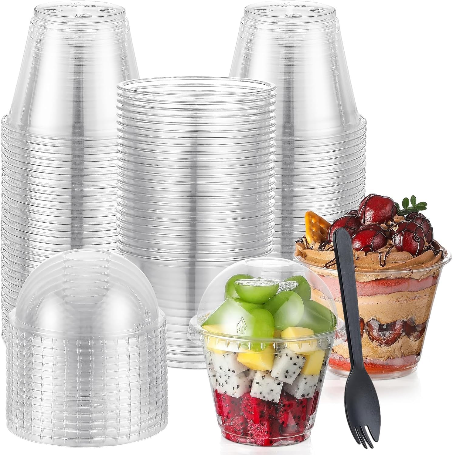 LATERN 50 Pezzi Bicchieri da Dessert in Plastica con Coperchi a Cupola, 270ml Rotonde Tazze da Dessert Coppa Trasparente per Antipasti Parfait Ciotola da Portata Riutilizzabile con Forchette