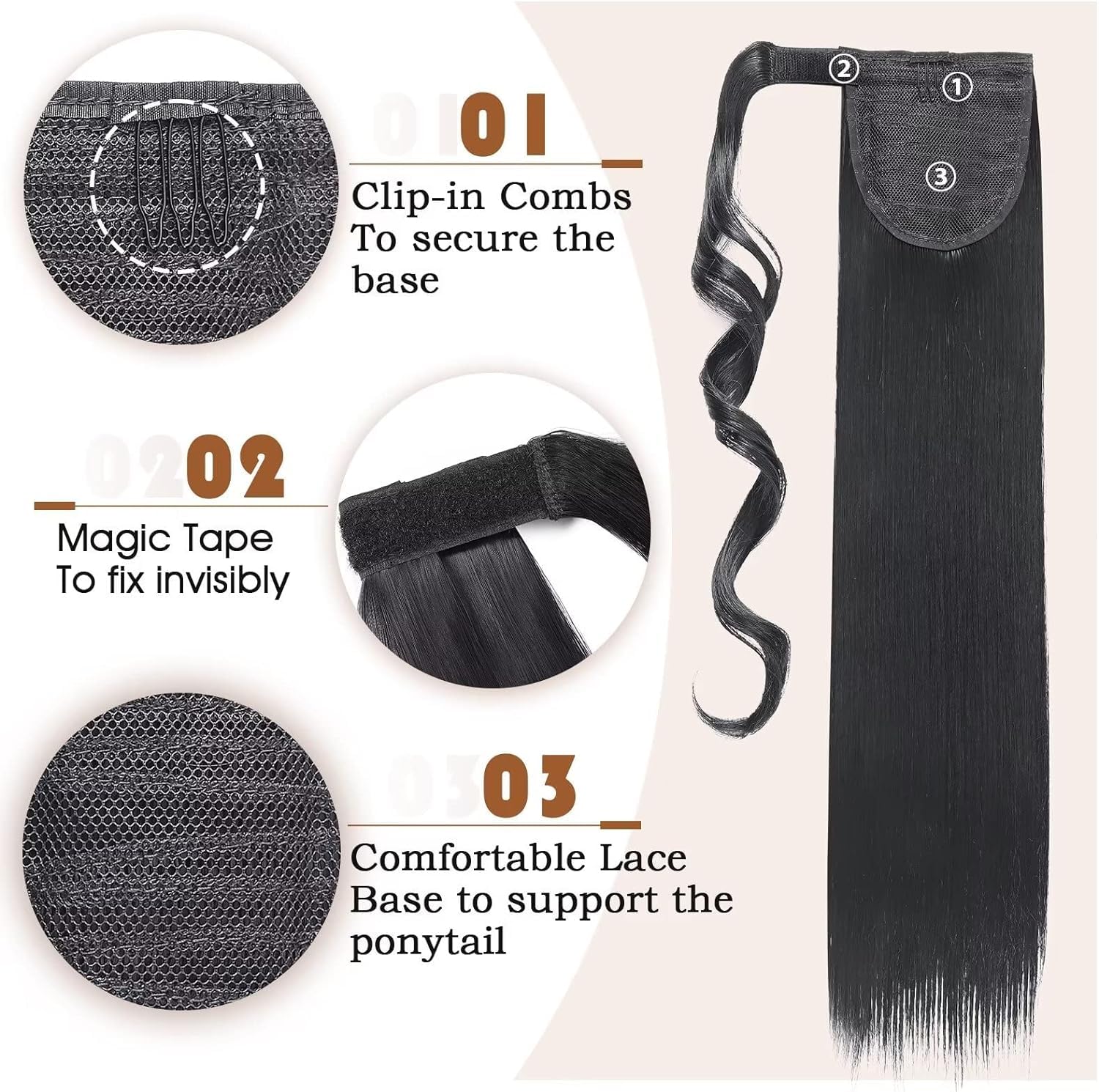 TESS Clip in Ponytail Extension Blonde 26",Hair Extensions Ponytail Synthetic Wrap Around Long Straight Fake Pony Tails Hair Pieces for Women(#1) - Image 3