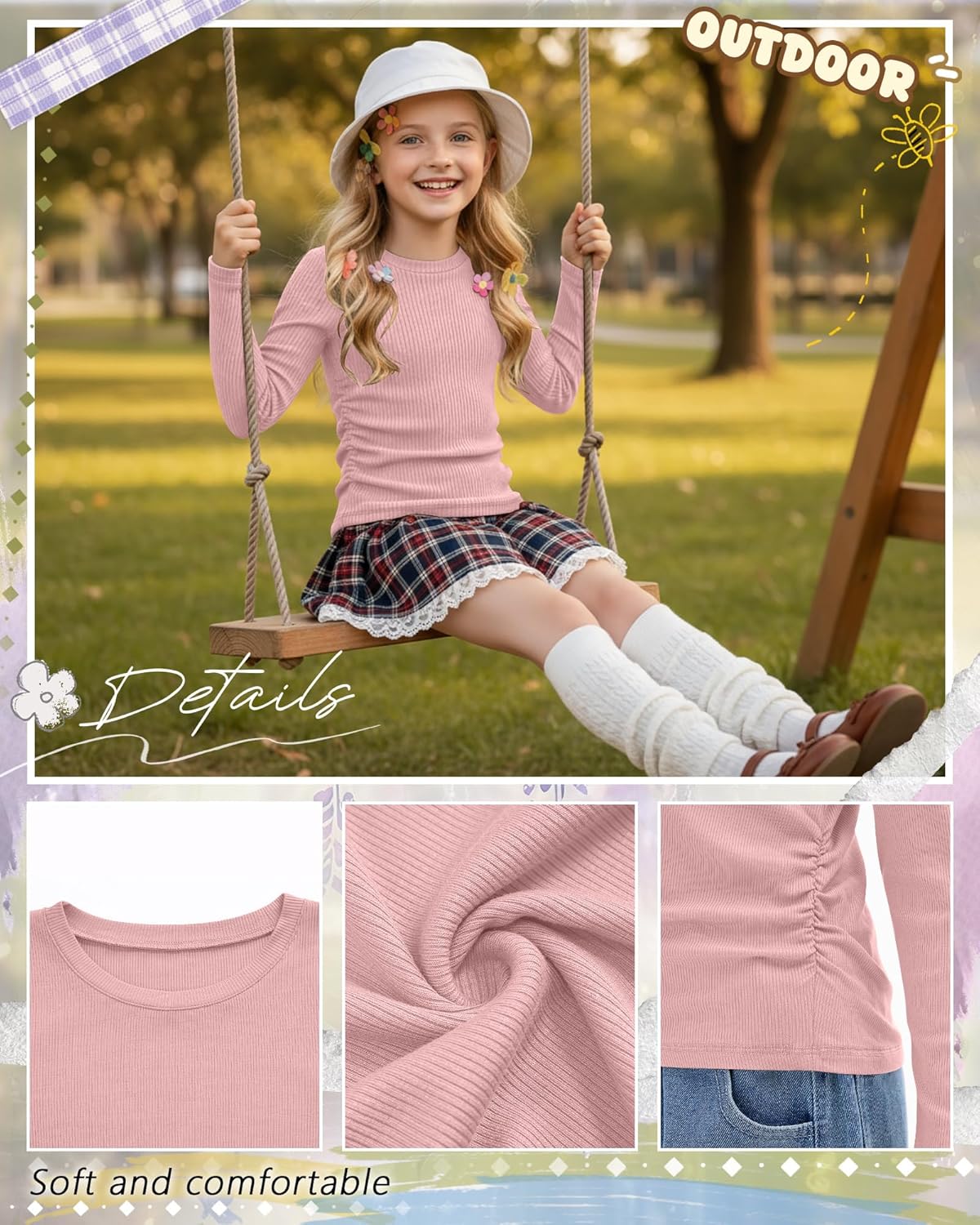 3 Pack Girls Long Sleeve Shirts Cotton Ribbed Knit Ruched Layer Tops Slim Fit Casual Undershirts Crewneck Tees - Image 4