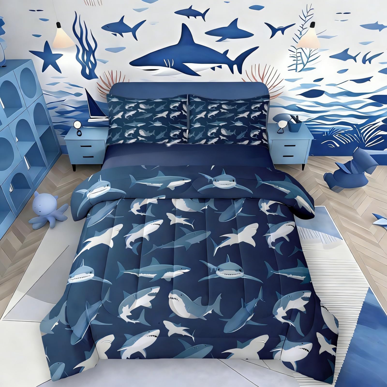 Boys Shark Bedding Set Ocean Sealife Comforter Set for Kids Youth Teens,Under Sea Marine Life Duvet Insert,Underwater World Creature Bed Quilt,