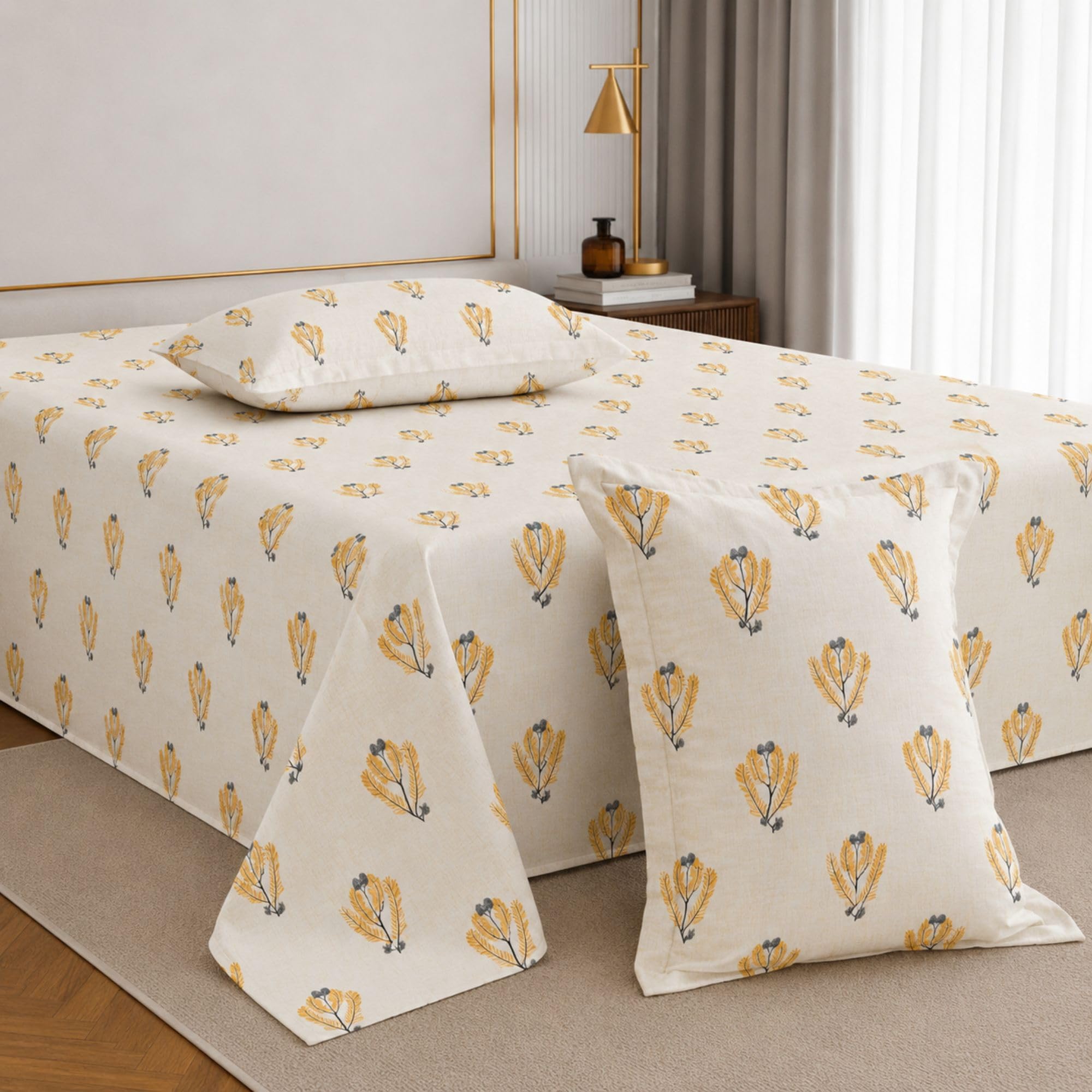 Jaipur Weaves Cotton King Size Bedsheet 108x108 Super King, 100% Pure Cotton Bed Sheet with 2 Pillow Covers, 240 TC Soft Breathable Floral Design Bedding - (Gradient Yellow, Super King)