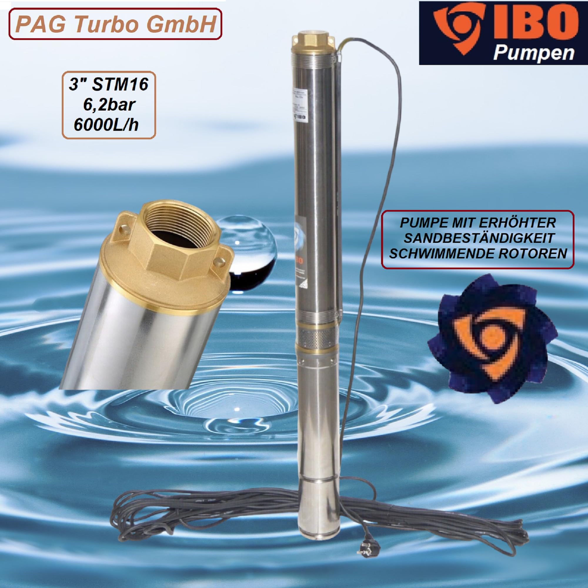 3" Tiefbrunnenpumpe sandverträglich 6000l/h - 750W - 6,2bar - Typ 3"STM16