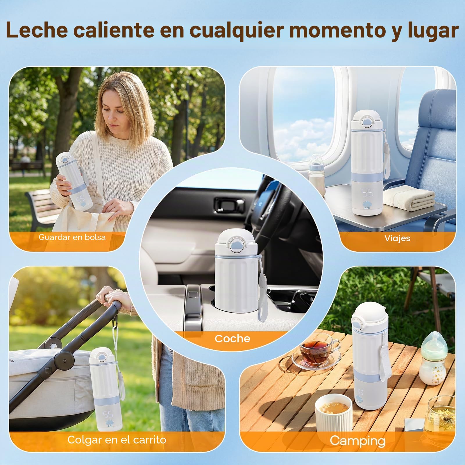 Calienta Biberones Portátil 13500mAh, 5 Temp, Acero 316, Pantalla Calentador de botellas de viaje | Sin BPA, mantiene calor, antiderrames, calentamiento 360°, fácil limpieza, apagado automático, 24-30h, USB-C, viaje/coche
