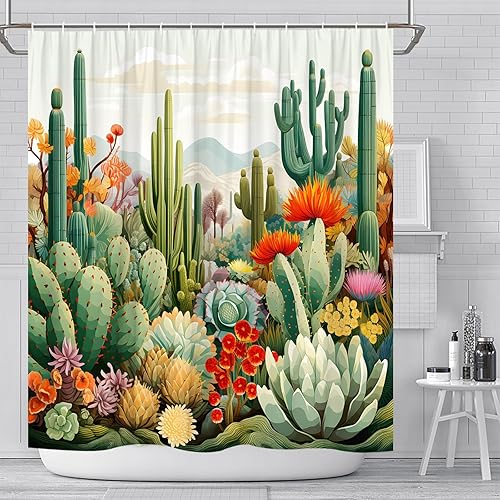 Miniatura 5 de Cortinas de ducha de cactus con plantas tropicales y flores, flores suculentas, desierto, montaña, paisaje, decoración de baño, cortinas de tela de