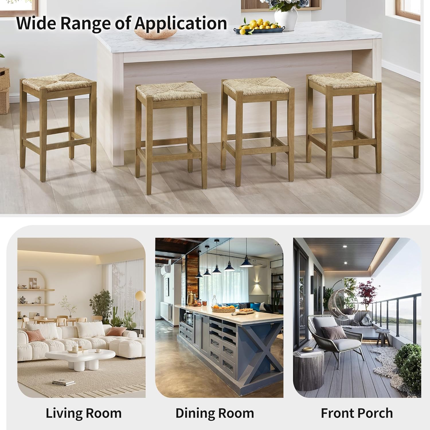 DUHOME 26-Inch Backless Seagrass Counter Stools Set of 2,Handwoven with Natural Fibers&Solid Natural Wood Legs Woven Rattan Rope Bar Stools for Kitchen Island,Dining Room,Natural