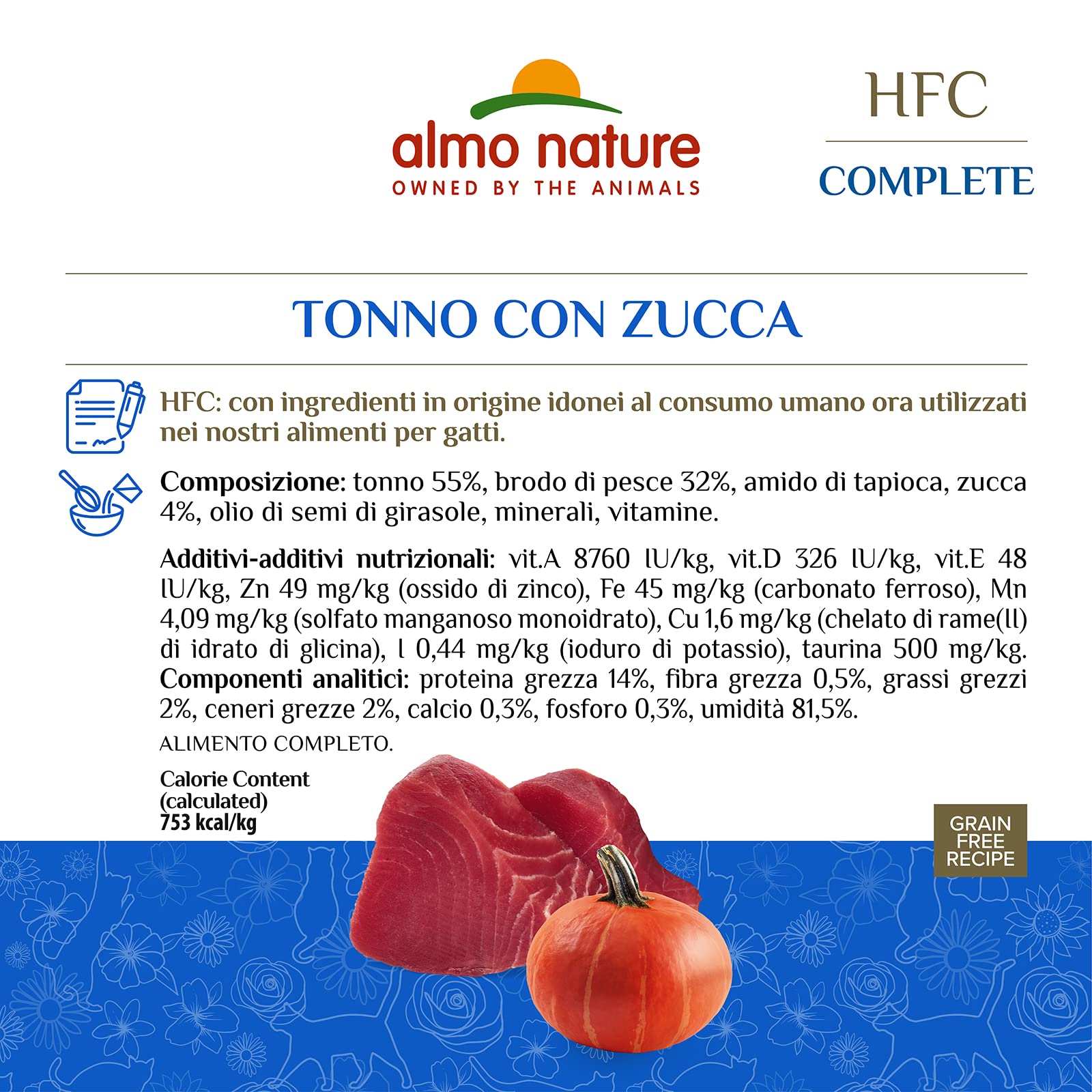 Almo Nature HFC Complete, Alimento Umido per Gatti Adulti - Tonno con Zucca, Senza Glutine- 70g, Confezione da 24