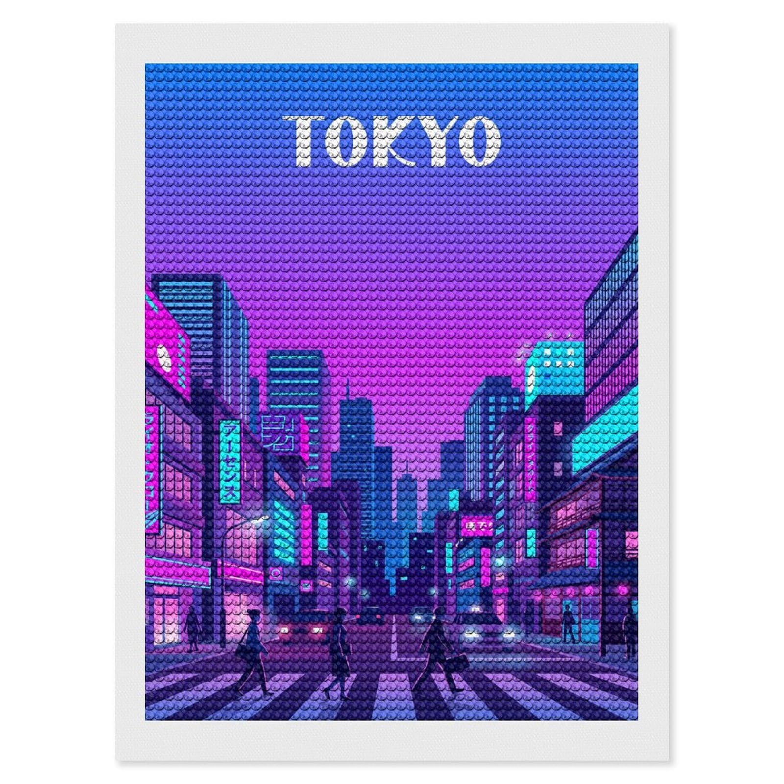 Junmoney Tokyo Neon Cityscape Diamond Painting Canvas Set 12"x16", for Adults, Sparkling Round Gems, Thoughtful Handmade Gift, Modern Decor