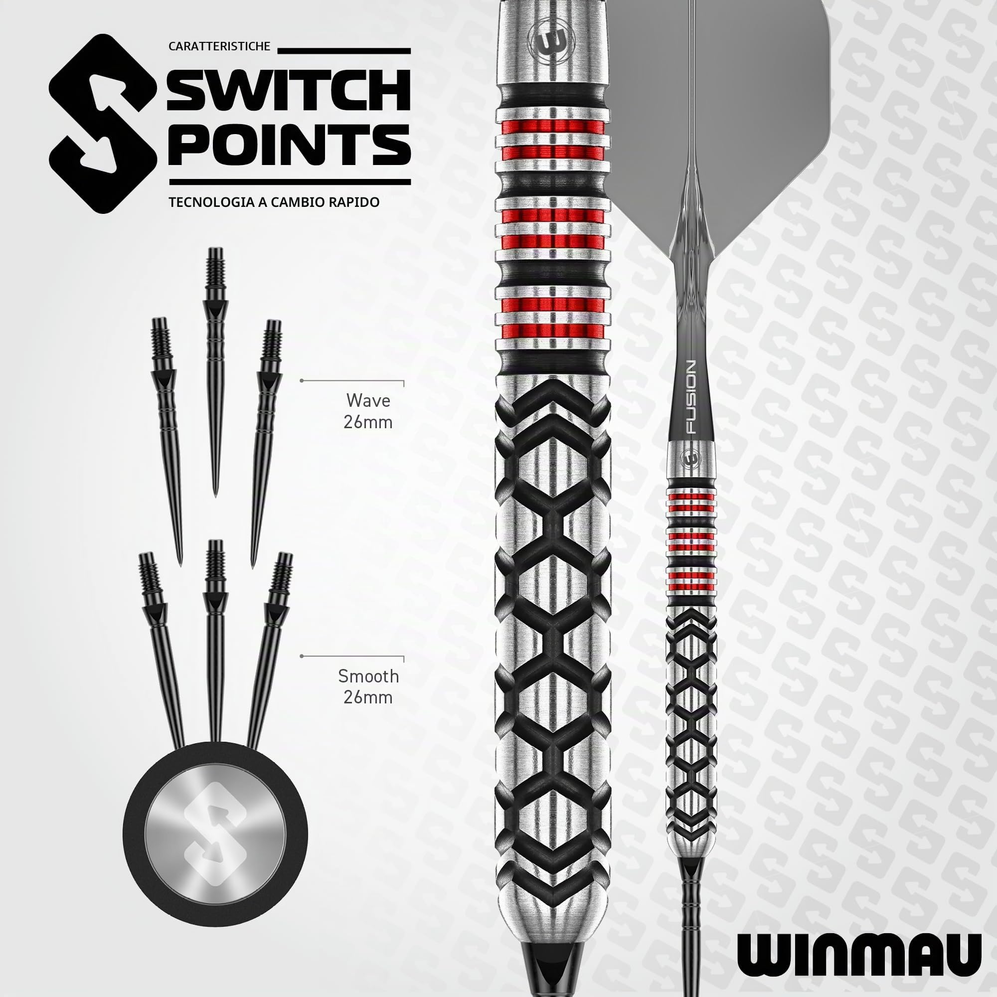 WINMAU Darts-Fornax – Set di freccette professionali al 90% in tungsteno, tecnologia Switch Point, fusti paralleli neri e rossi, 2 punti intercambiabili (onda e liscia), sistema di cambio rapido |