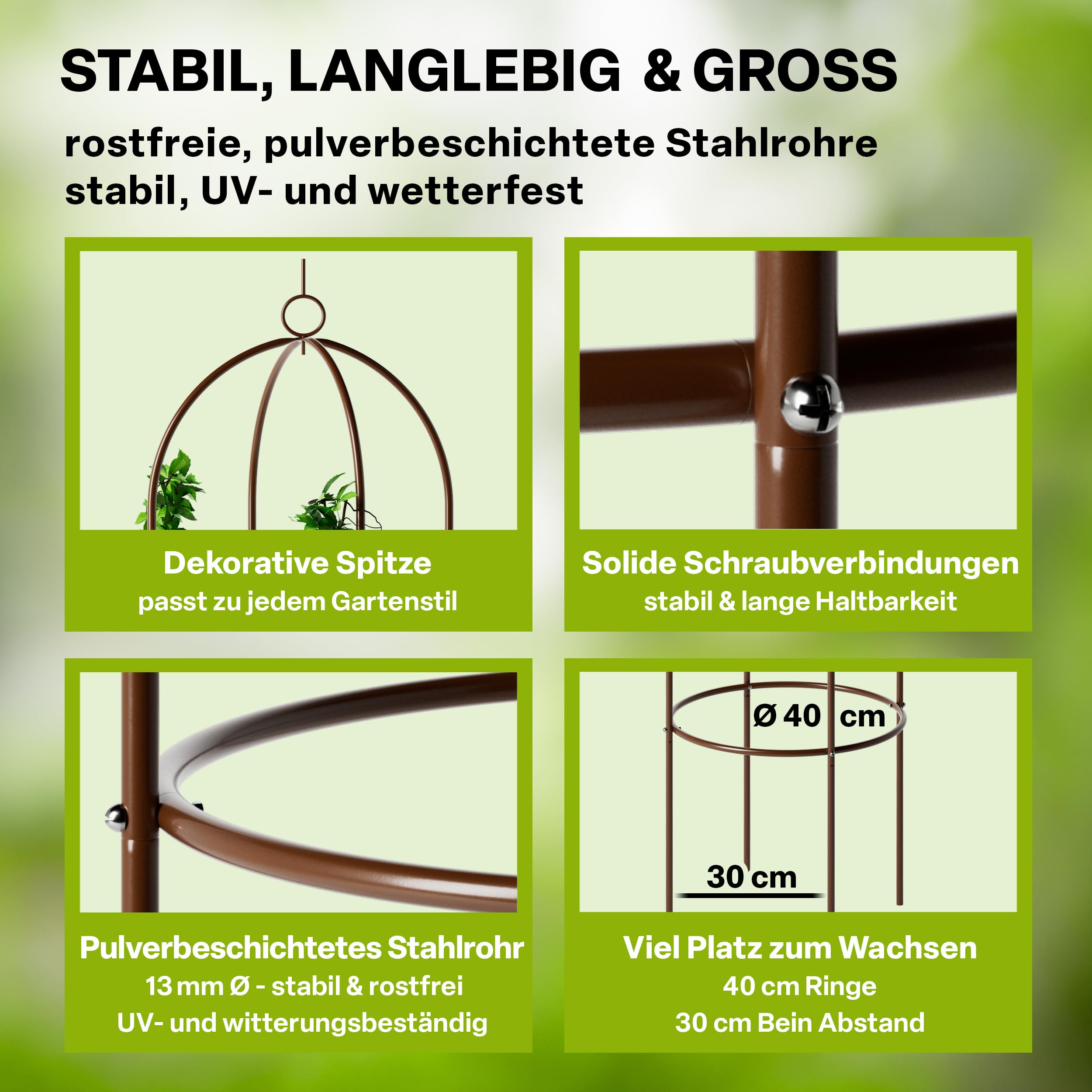 TTL Garden Obelisk - Set di 2 rampe di supporto XL 195 x 40 cm, colore: marrone, in metallo, acciaio inossidabile, per rampicanti, rose, clematidi, acciaio verniciato a polvere, altezza 195 cm,