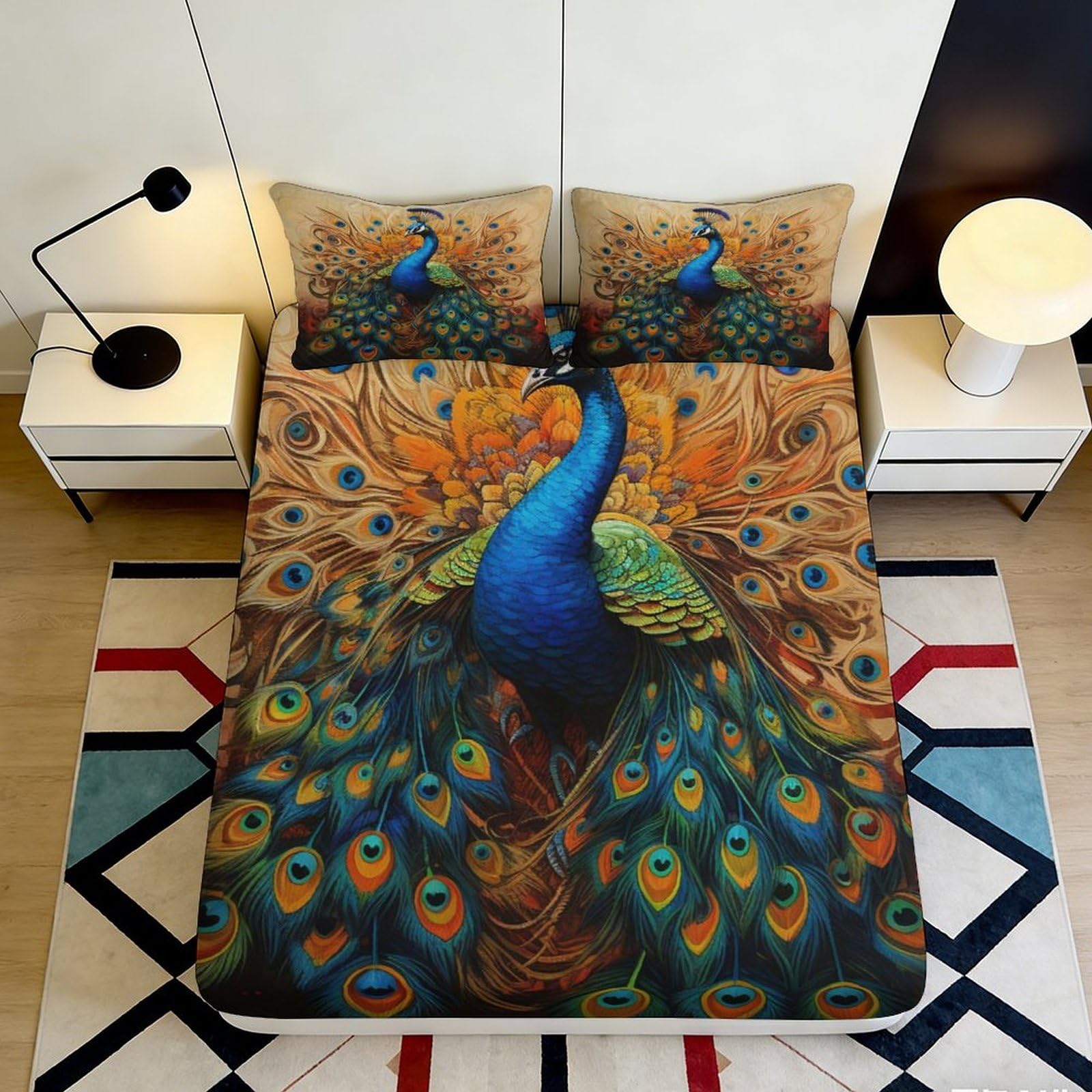3D Printed Peacock Feather Fitted Sheet Microfiber Soft Decor Colorful Bird Mattress Cover for Bedroom Guestroom 90x200x25cm
