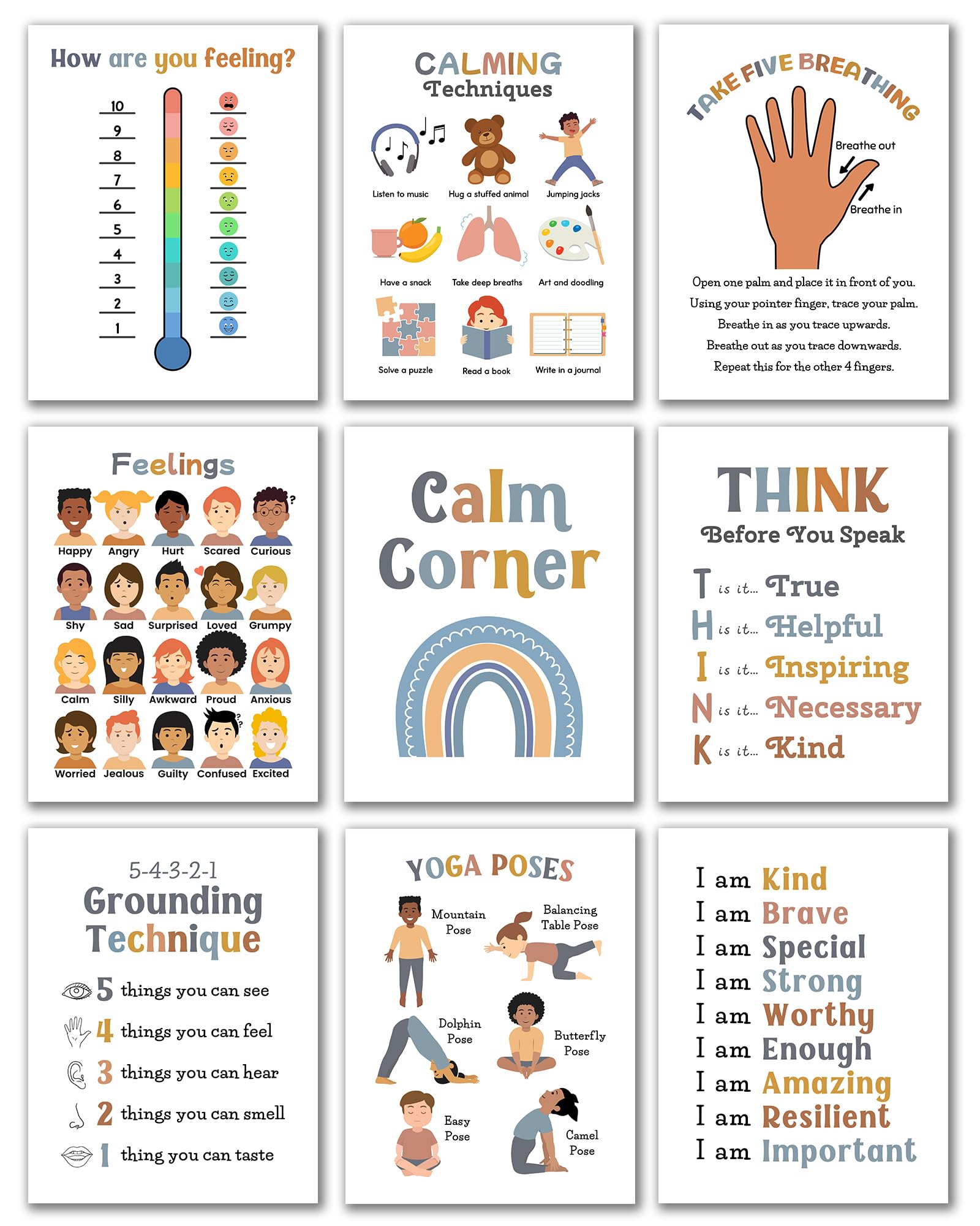 Classroom Mental Health Posters – 9-Piece Mindfulness & Emotional Learning Wall Art for Children, Boho Calm Corner Educational Posters for Schools, Nursery & Playroom, 8.5×11 Inch Unframed