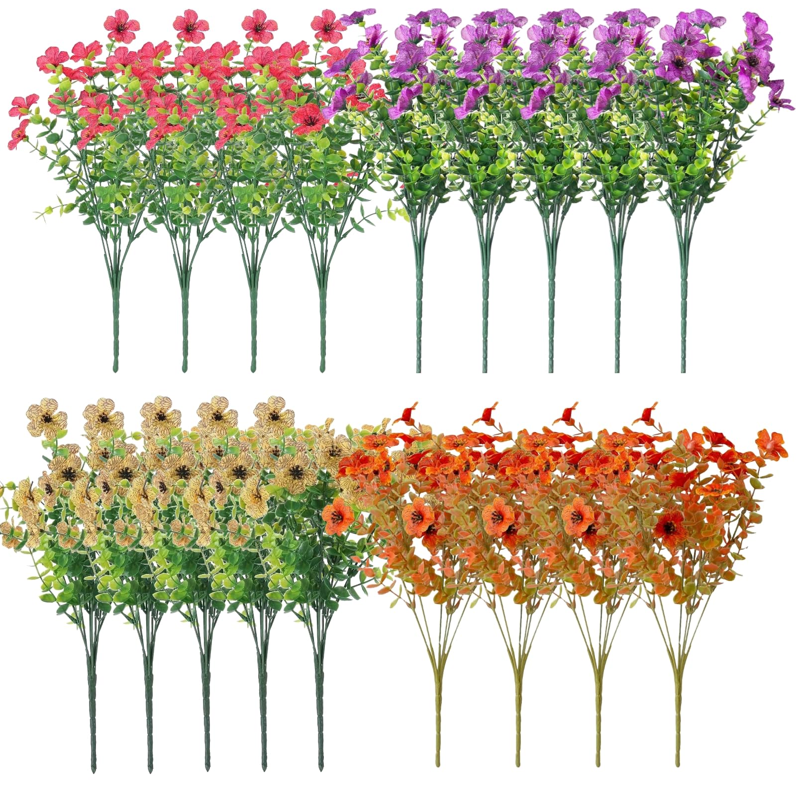 Générique 18 pièces de Fleurs artificielles en Soie d’Eucalyptus, Bouquet décoratif aux Tons Rouge, Violet, Jaune et Automne, tiges de 14,2 Pouces, pour Maison et extérieur, sans Entretien
