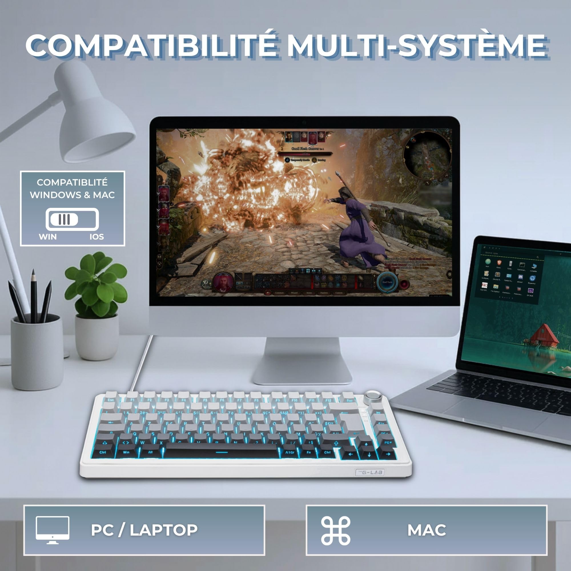 The G-Lab - KEYZ Elite 300 HE GRW - Magnetyczna Klawiatura Gamingowa Hall Effect 75% AZERTY FR, Przewodowa USB, 8000 Hz Rapid Trigger, Regulowana Aktywacja 0,01 mm, PBT Hot-Swap, RGB i Makra - Win/Mac
