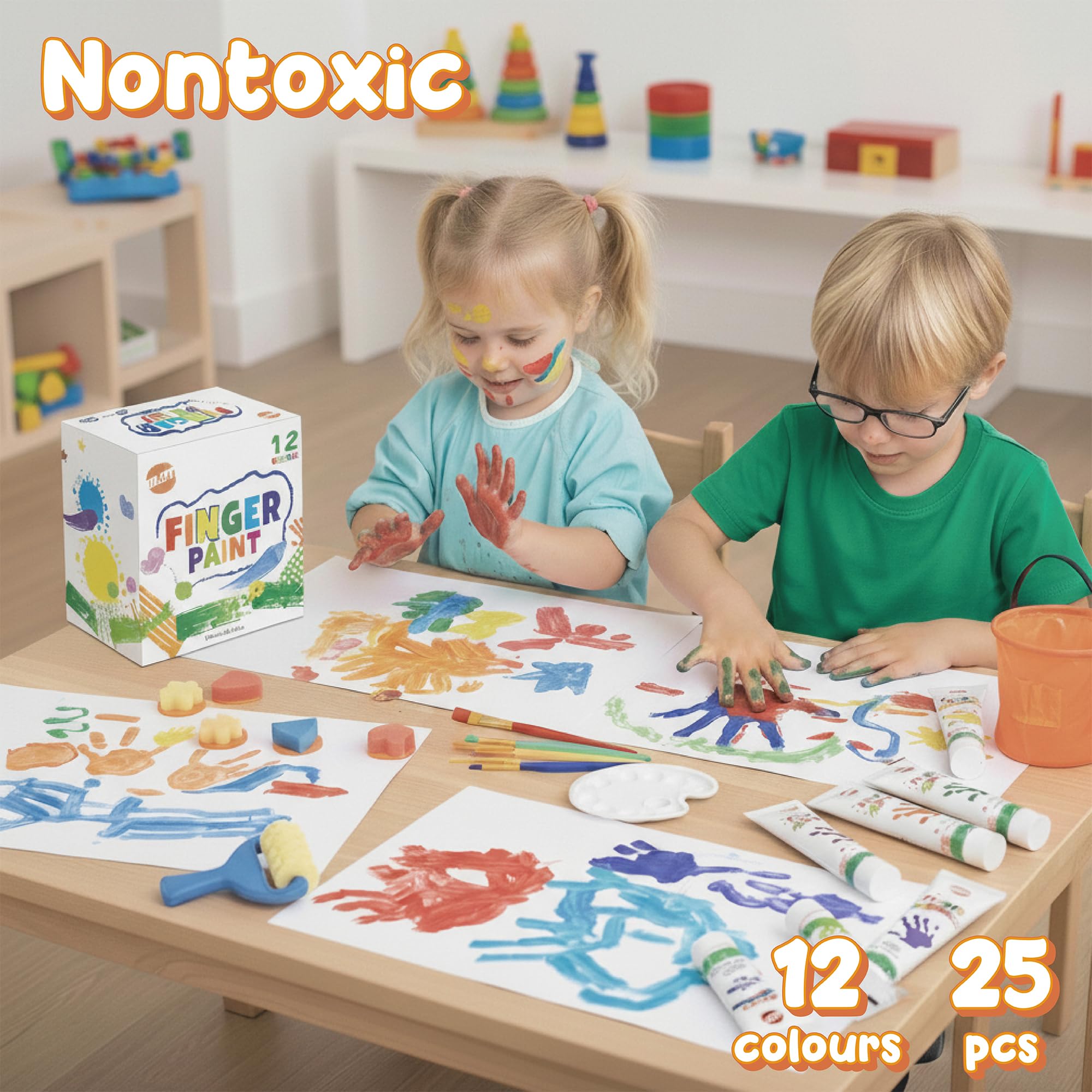 BLOT Pintura de Dedos para Niños Pequeños, Set de Pinturas de Dedos Lavables para Niños, 12 Colores (36ml cada uno), Incluye 7 Herramientas de Esponja, 6 Pinceles, Paleta y Cubo, A partir de 3 años