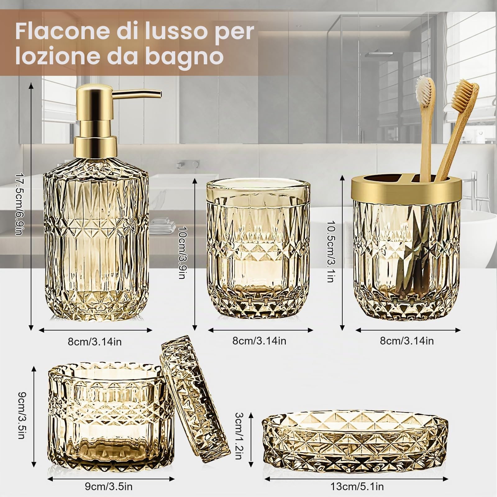 Set di accessori da bagno in oro 5 pezzi, set di accessori da bagno con dispenser per sapone in oro, portasapone, portaspazzolino, bicchiere, barattoli per bastoncini di cotone