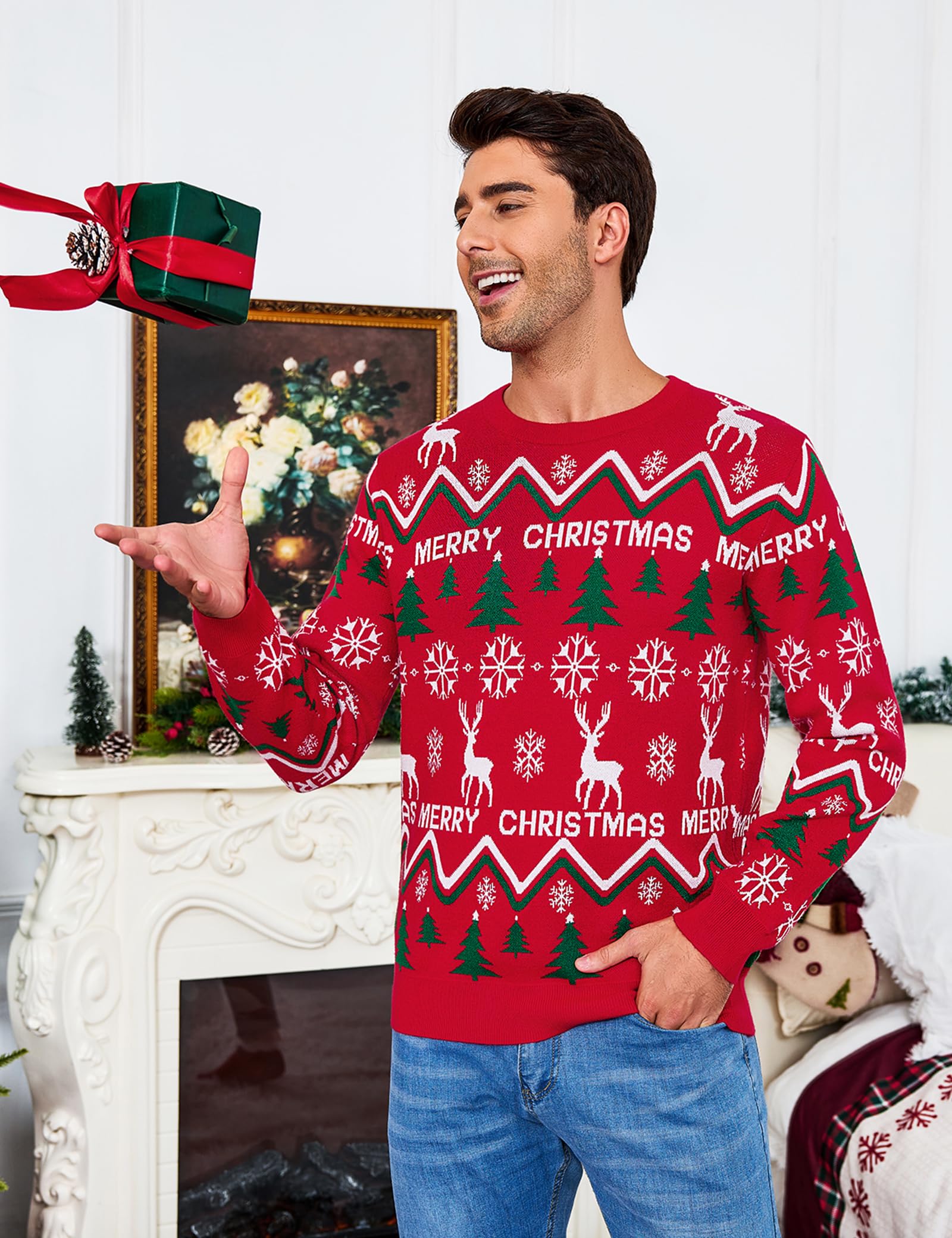 Gyabnw Jersey Navideño Hombre de Punto Manga Larga Cuello Redondo