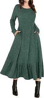 Womens Long Sleeve Midi Dress 2025 Fall Rib Knit Crew Neck A Line Soft F...