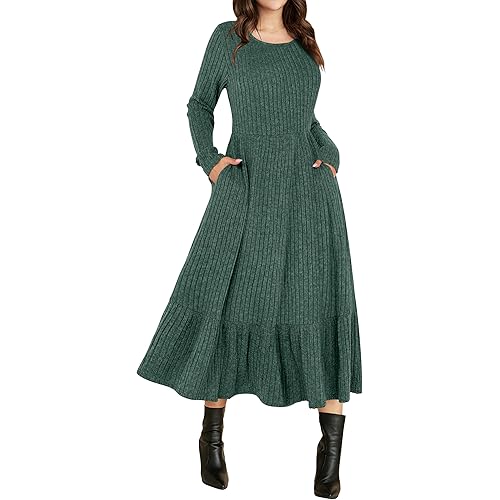 ANRABESS Womens Long Sleeve Midi Dress 2025 Fall Rib Knit Crew Neck A Line Soft Flowy Swing Dresses with Pocket Casual Trendy