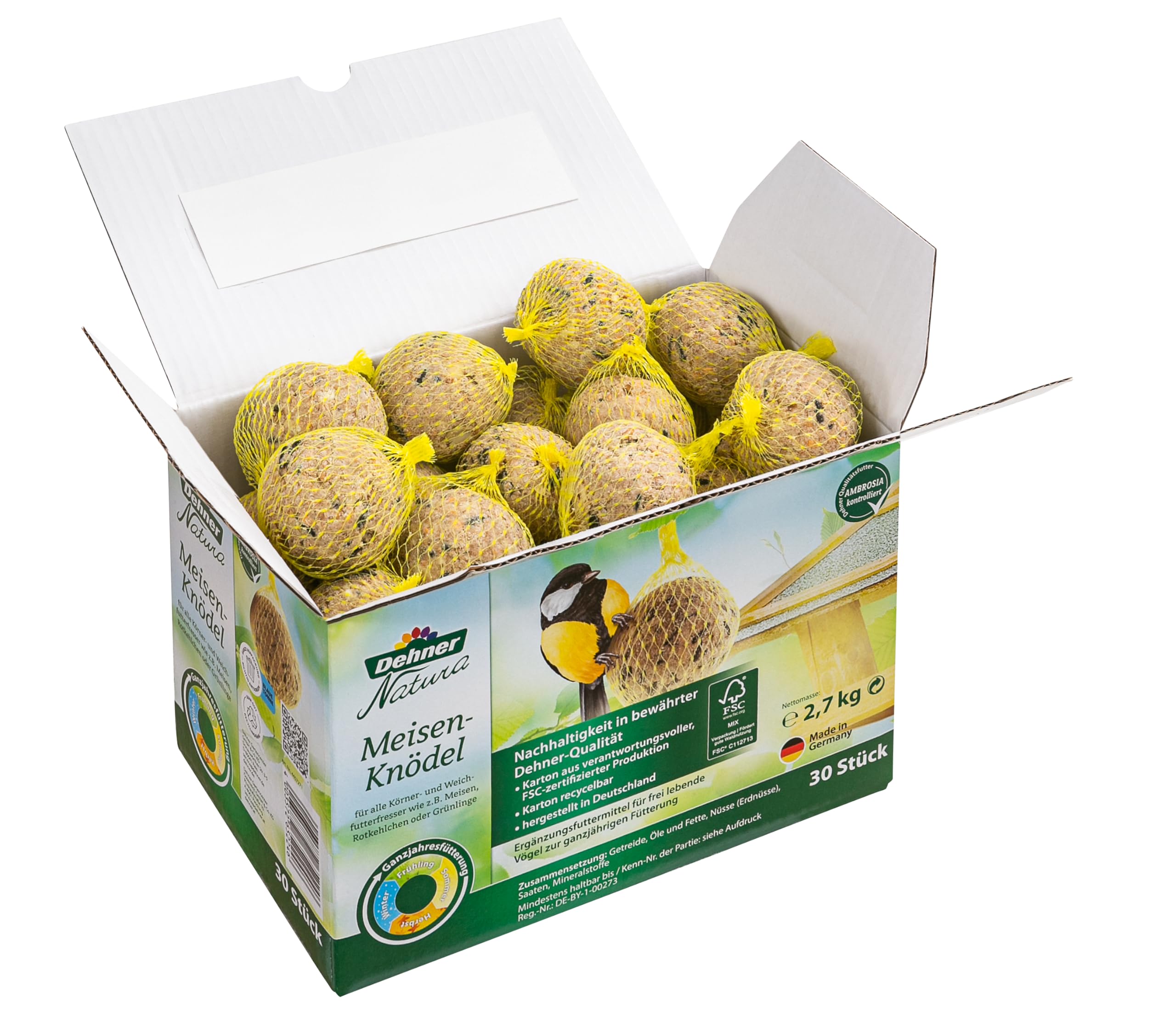 Dehner Natura Mangime per uccelli selvatici palline per cinciallegre rete biologica 30 pezzi 2,7 kg