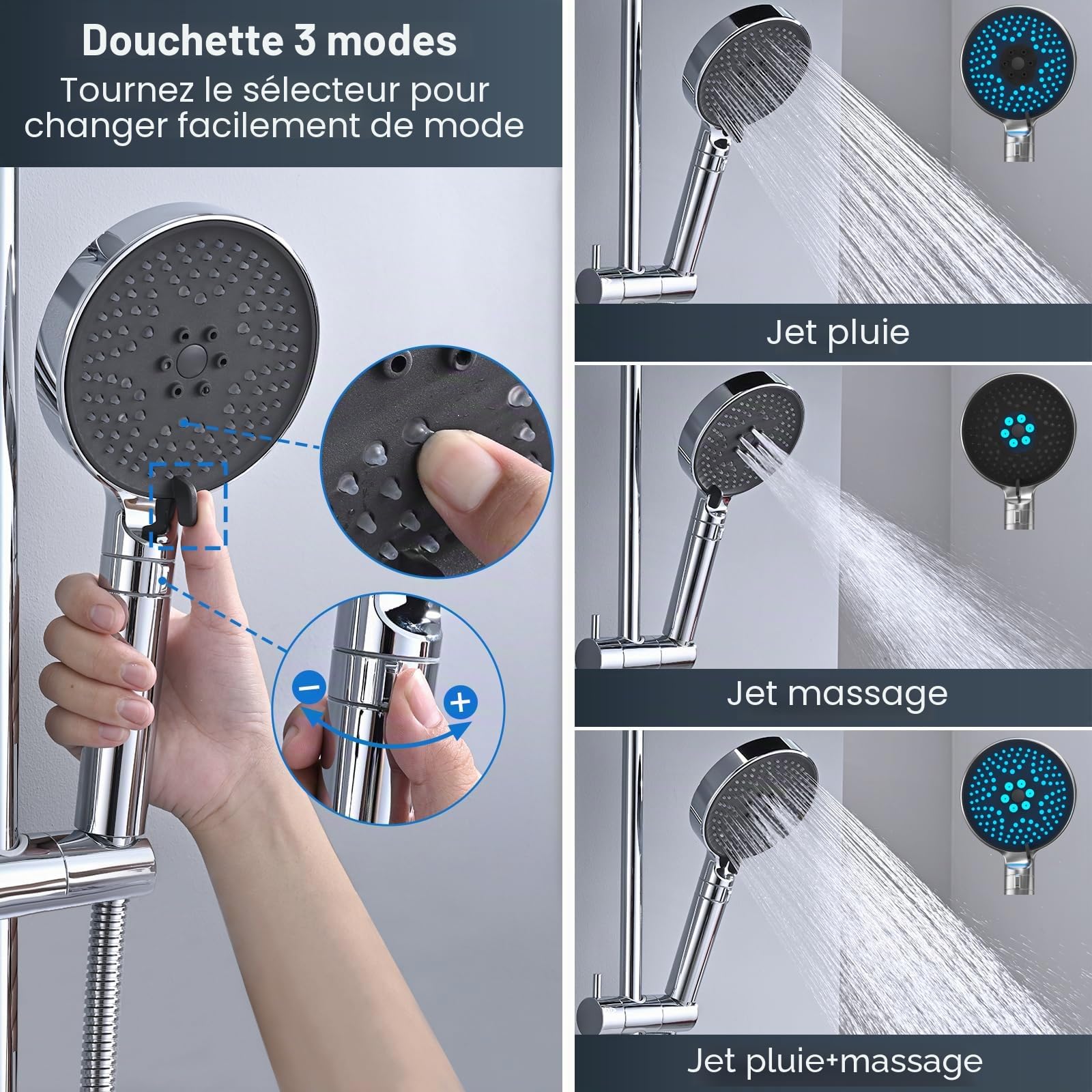 Mitigeur Thermostatique DETBOM pour Douche avec Sécurité Anti-brûlure 38 °C, Barre inox 70 cm, Pomme 3 Jets, Flexible 1,5 m et Support Réglable – Ensemble Complet Chrome
