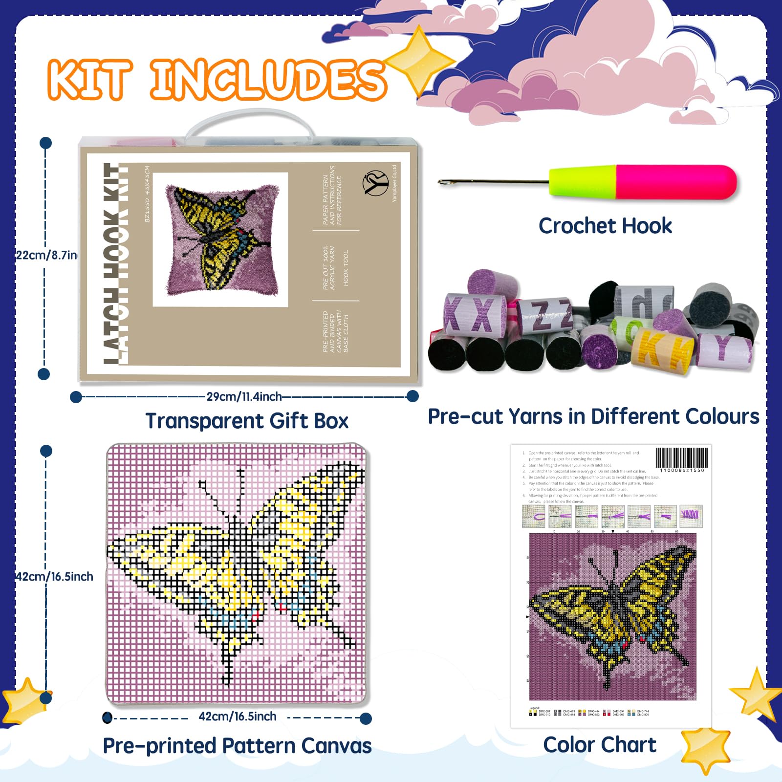 YP Kit de gancho de pestillo para niños y adultos, alfombra de bricolaje para decoración del hogar, funda de cojín de mariposa tropical, funda de cojín, ganchillo hecho a mano para regalo de festival,