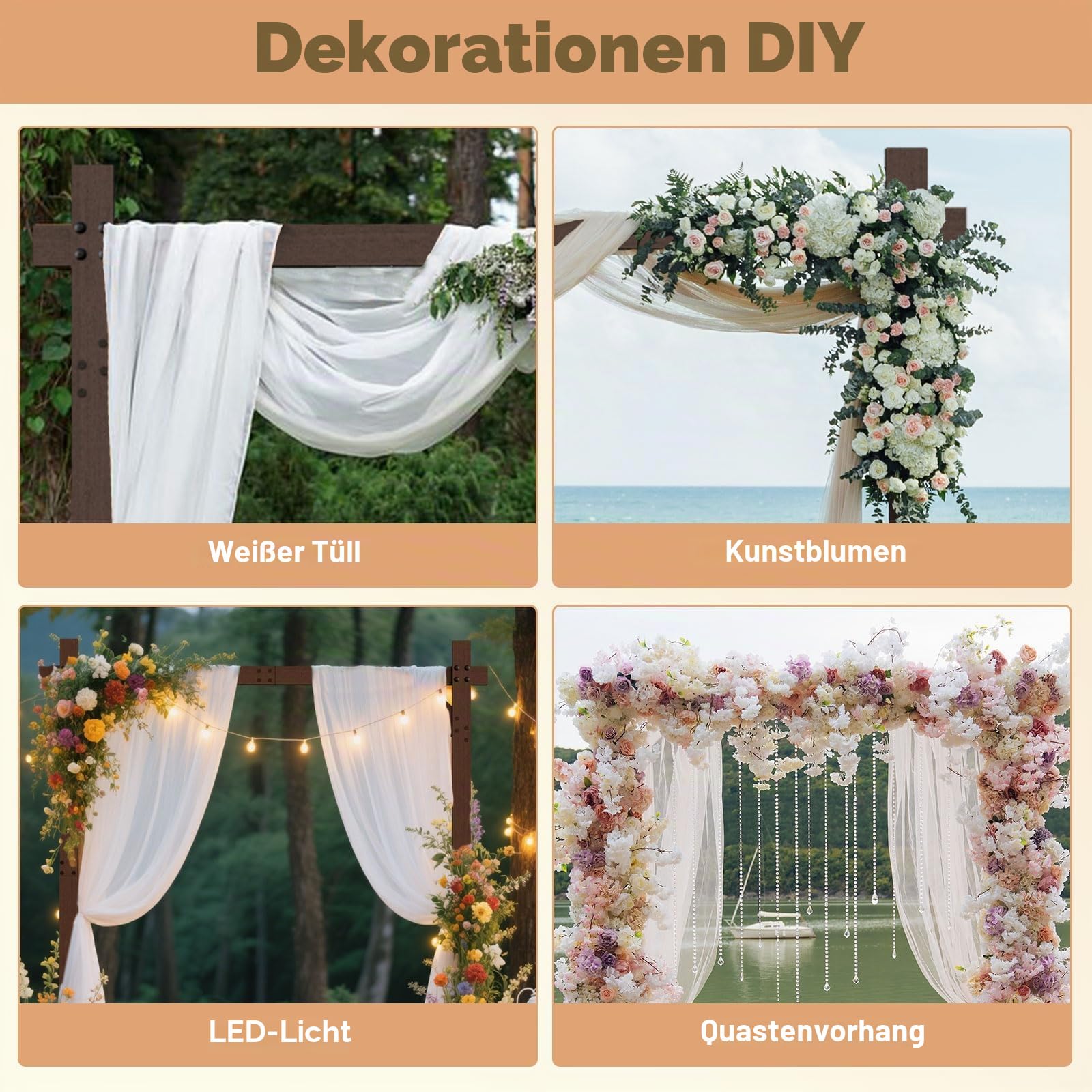 PlusFive Hochzeitsbogen aus Holz, quadratisch, 2,28 m, Gartenlaube, großer Hochzeitsbogen aus Holz, Rahmen für Antrag, Hochzeit, Geburtstag, Valentinstag, Outdoor, Innenbereich, Gartendekoration