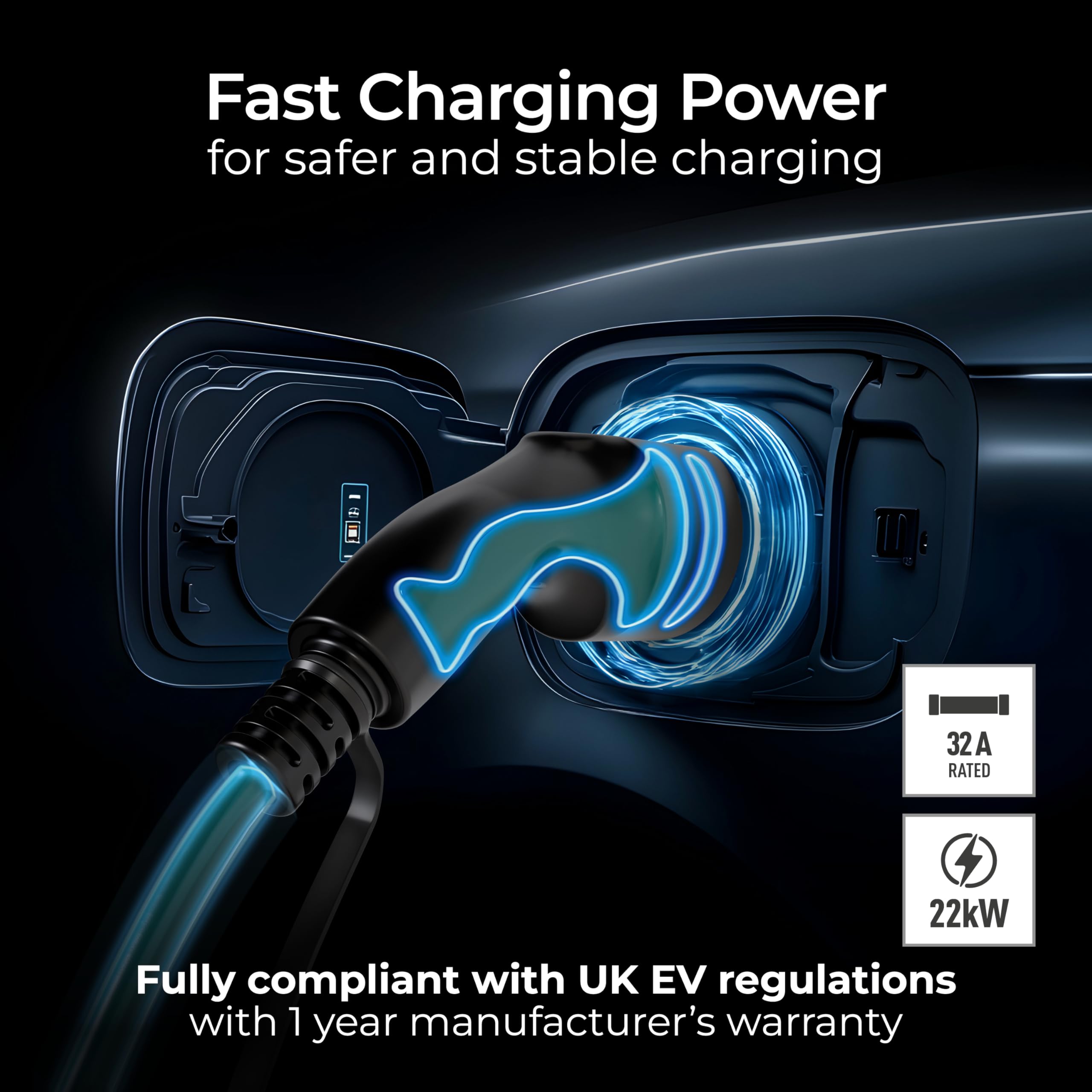 Masterplug Cable de Carga Rápida para VE Modo 3 con Estuche de Transporte, Vehículo Eléctrico e Híbrido Enchufable Tipo 2 a Tipo 2, Trifásico, Cable de 5 Metros, 22kW, 32A, EVC22325TL/CASE