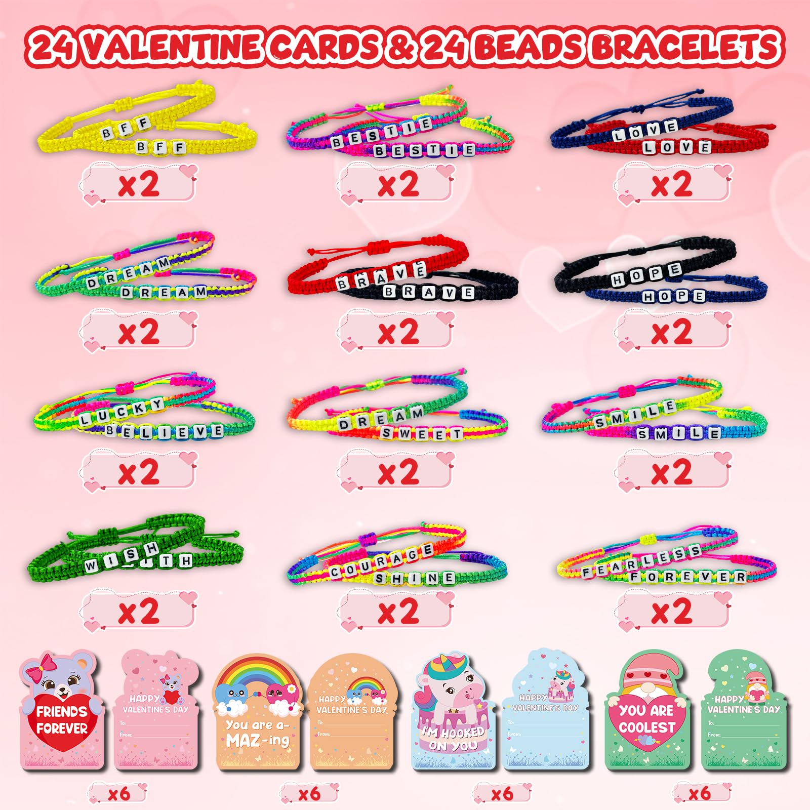 24Pack Kids Valentines Day Cards, Valentine Cards with Bead Bracelets, Valentines Day Gifts for Kids Classroom Prizes, Valentine School Exchange Gifts, Valentine’s Day Class Favors, Friendship Cards