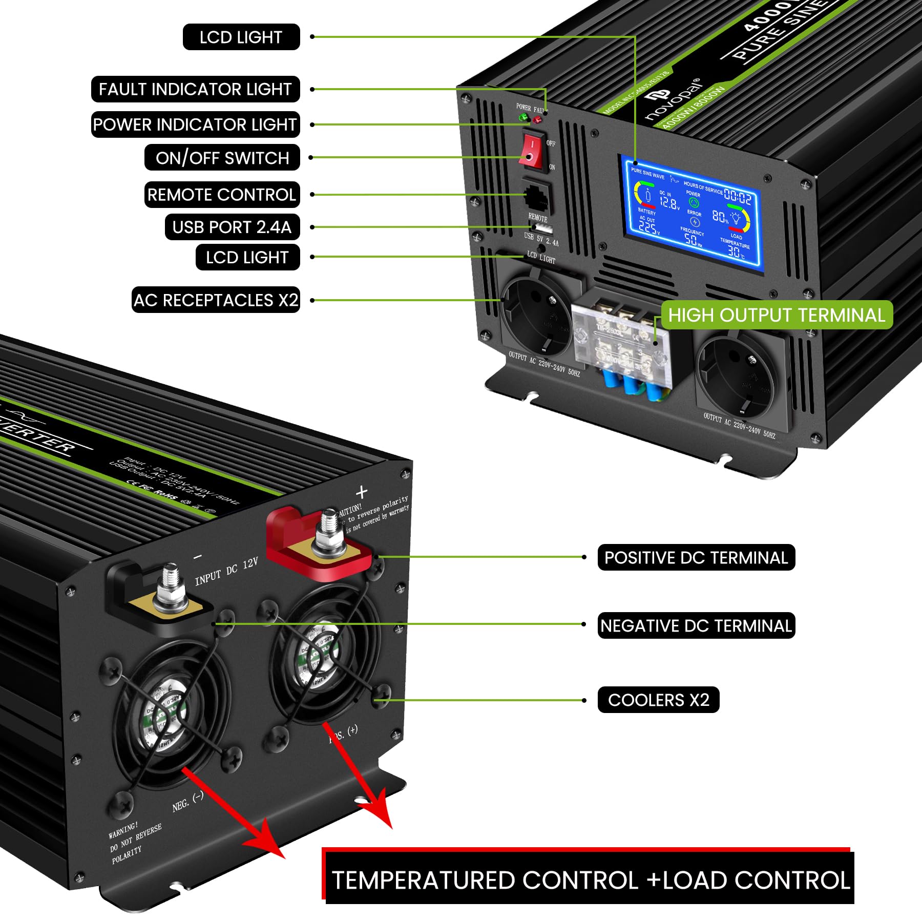 NOVOPAL Inversor 12v 220v Onda Pura 4000W/8000W Convertidor | 5M Mando a Distancia, USB+LCD Display para Coche, Caravana, Barco