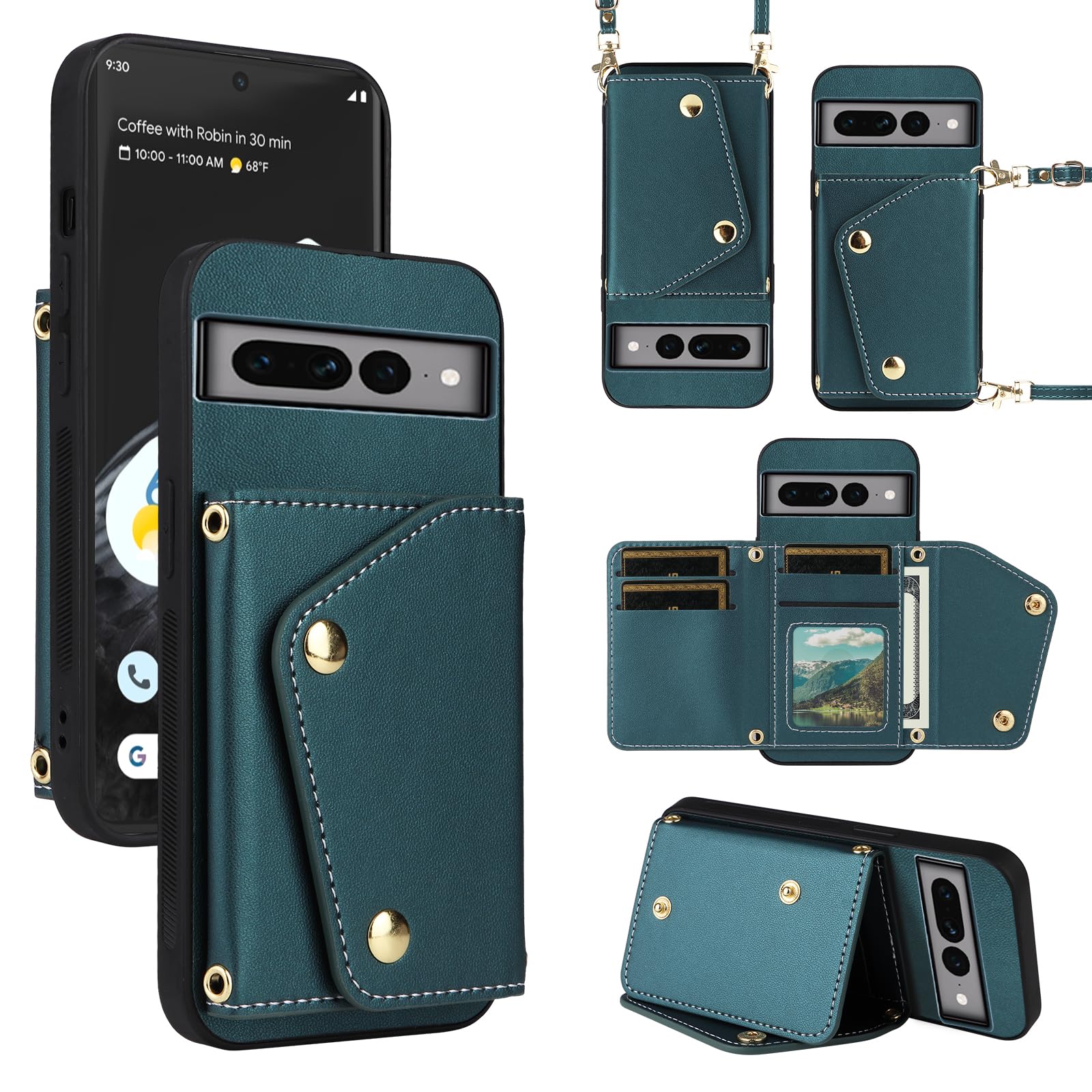 Dibosom Luxury Wallet Case for Google Pixel 7 Pro 5G with 5 Card Slots Thin Slim Flip Purse & Shoulder Strap,Credit Card Holder Stand Phone Cover for