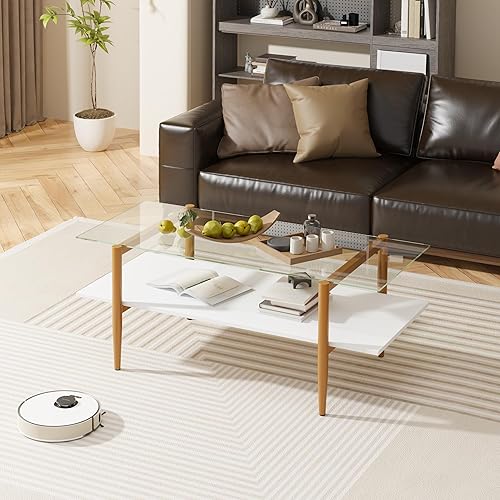 Miniatura 8 de Mesa de centro de cristal, mesa central rectangular para sala de estar con patas doradas, mesas decorativas modernas de mediados de siglo con