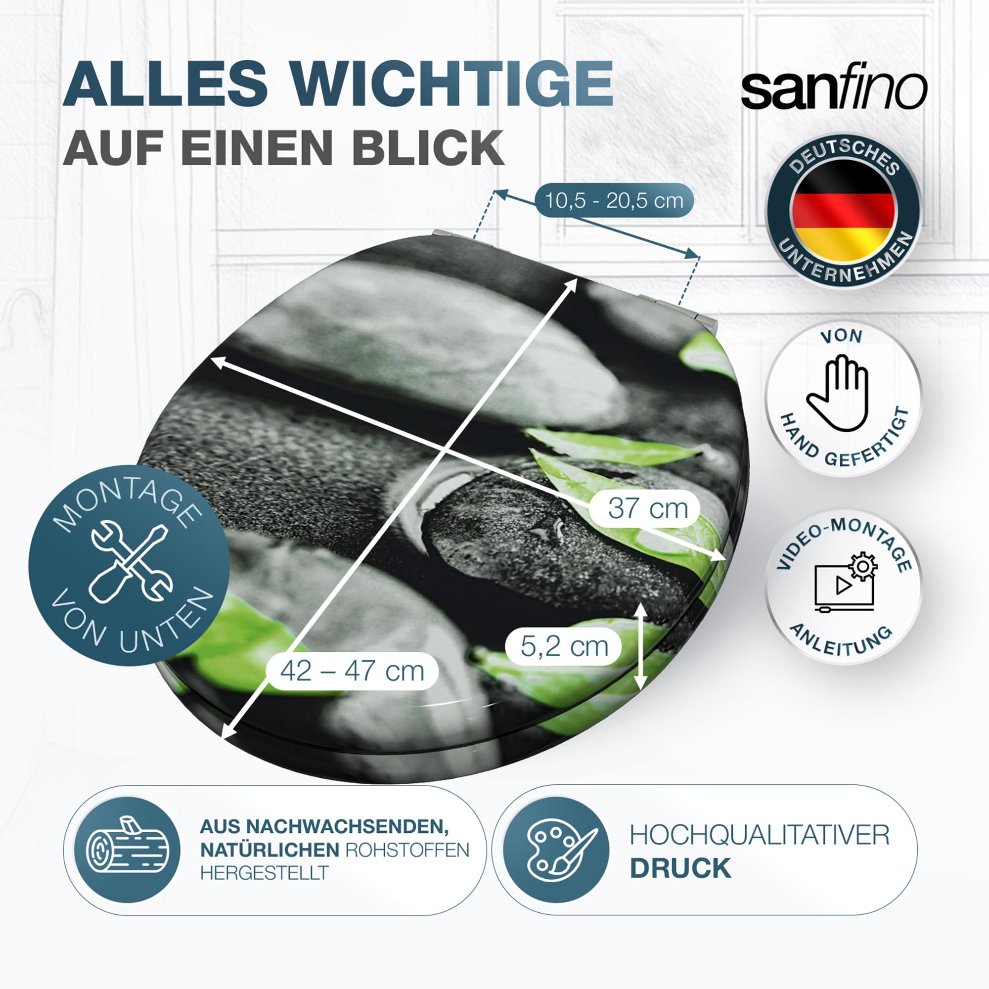 Premium WC Sitz mit Absenkautomatik – hochwertige Toilettendeckel aus Holz, viele bunte Motive, hoher Sitzkomfort, einfache Montage inklusive Montageanleitung – "Rocks"