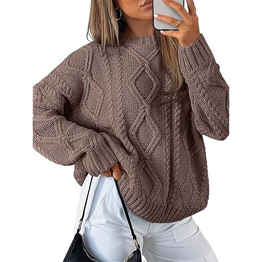 Trendy Queen Women's Oversized Cable Knit Crewneck Sweaters