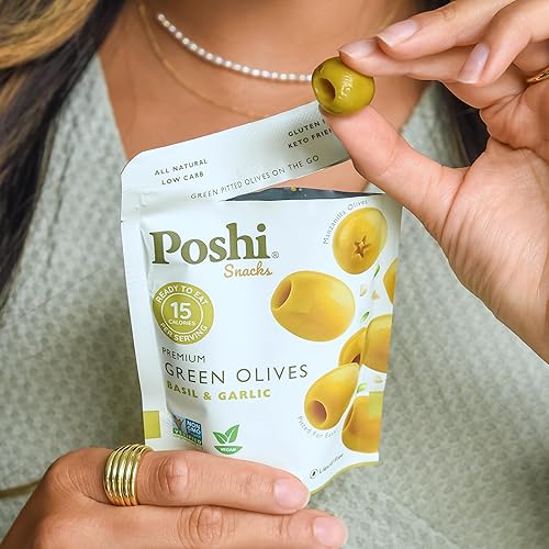 Miniatura 9 de Poshi - Aceitunas verdes sin hueso | Albahaca y ajo | Veganas, Kosher, sin gluten + aptas para dieta cetogénica, aperitivos saludables frescos y