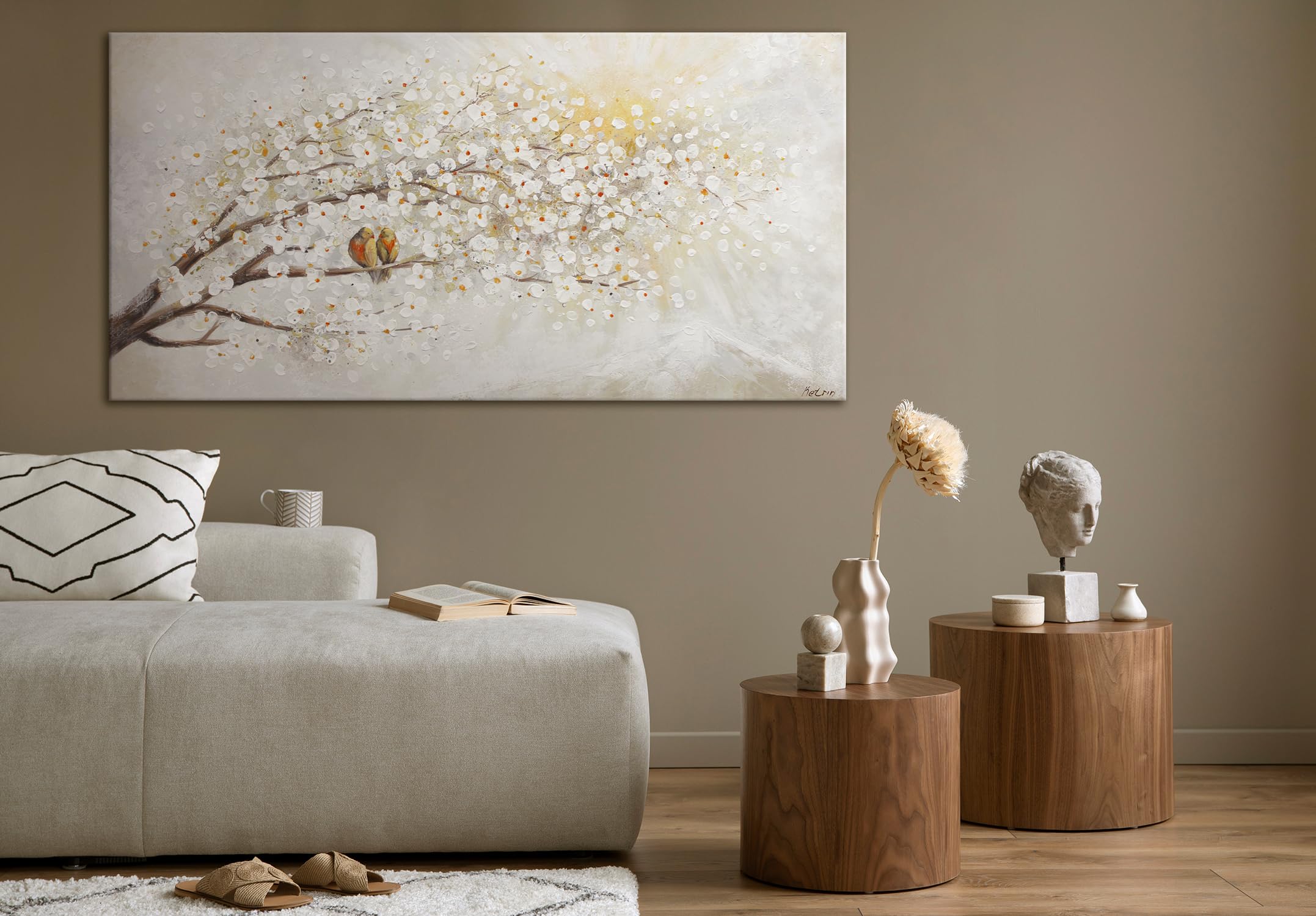 YS-Art Tableau Fleur de Cerisier Blanc avec Oiseaux, Peinture Acrylique Faite Main sur Toile pour Chambre Entrée Hôtel 200x100 cm