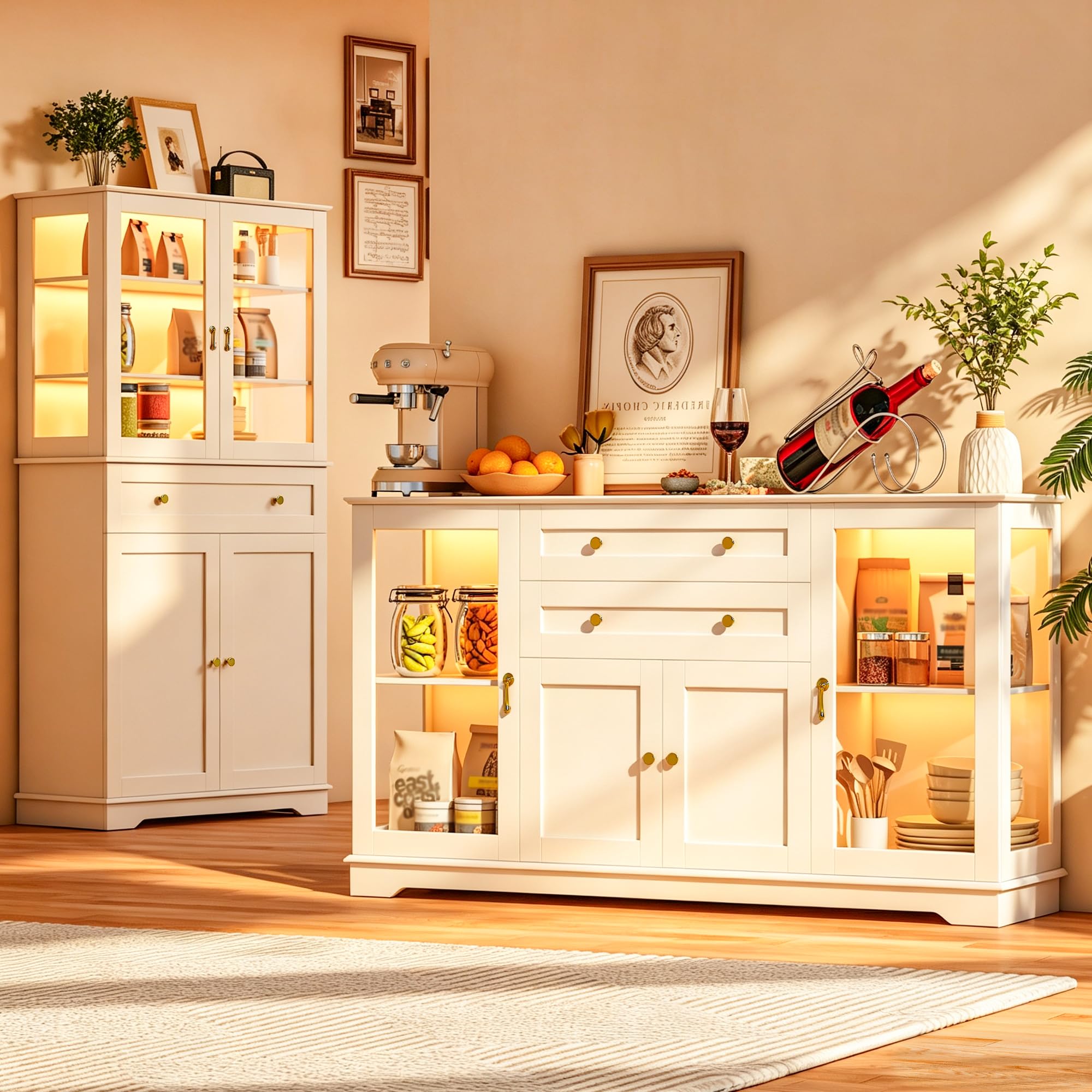 Sideboard mit RGB LED Beleuchtung 7 Dynamische Farben Fernbedienung, Breite Kommode 140cm Verstellbare Böden Metallgriffe, Vitrine 6 Ebenen Stauraum, Esszimmer Wohnzimmer, 40x140x86cm, Weiß