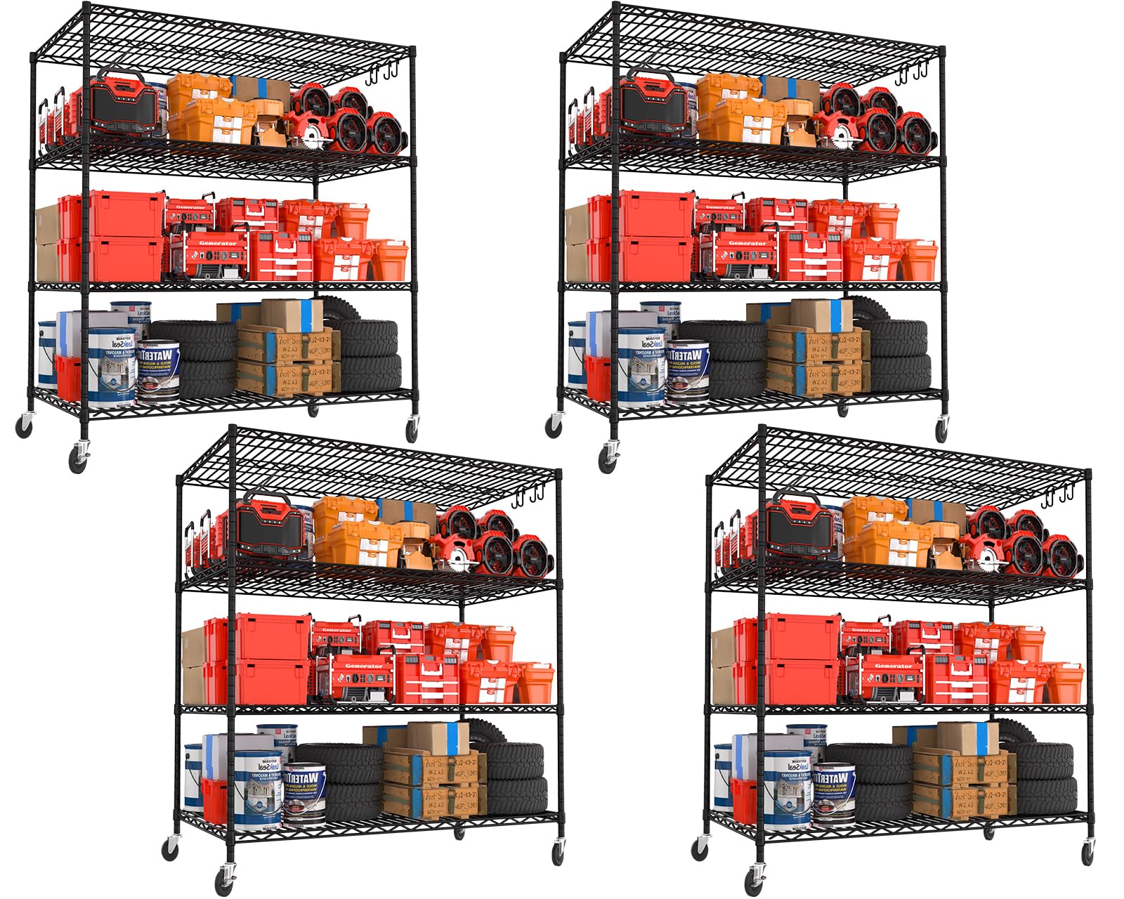 PrimeZone 4 Packs 55.5" W x 24" D x 80" H Heavy Duty Wire Storage Shelves with Wheels, 4 Tier Adjustable NSF Commercial Garage Shelving Unit, Rolling